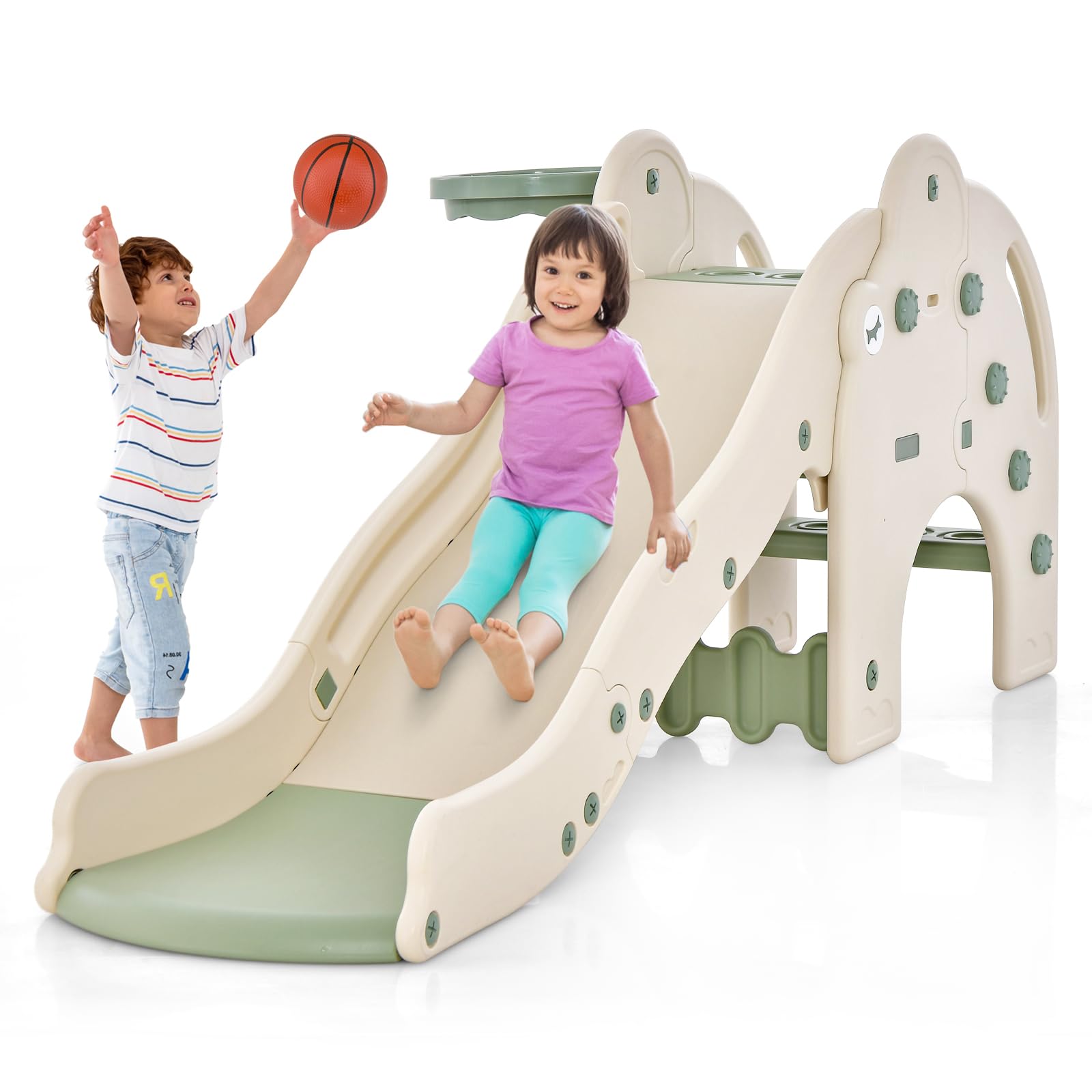BABY JOY Elephant Shape Toddler Slide with Basketball Hoop - Large Indoor Play Slide for Kids 18+ Months - Non-Slip Steps & Safety Buffer Zone - Perfect Gift for Boys & Girls - Great for Playrooms, Daycares & Backyards