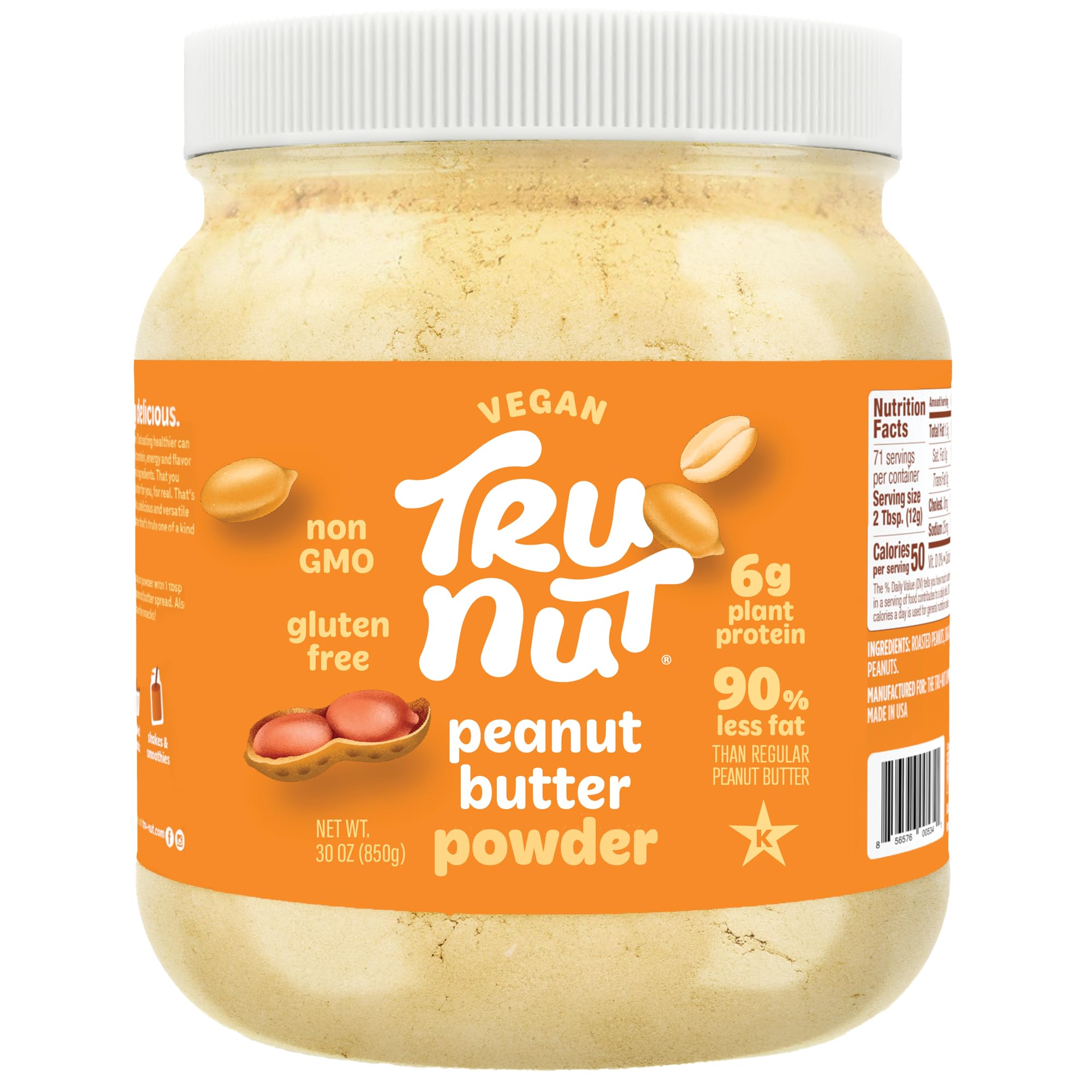 Tru-Nut Peanut Butter Powder - High Protein (6g), Low Fat (90% Less), Keto & Gluten Free, Perfect for Smoothies, Protein Shakes, Baking & Cooking - 30oz for Healthy Lifestyle & Weight Loss