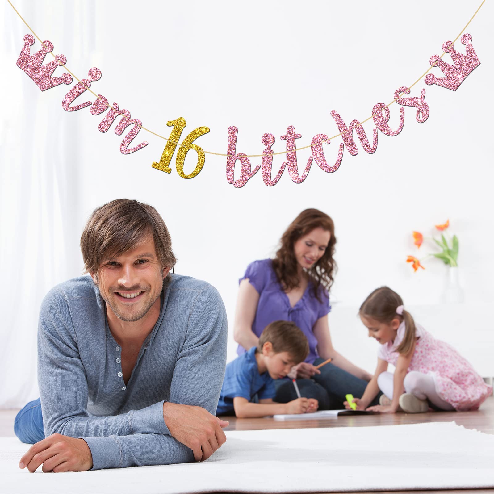 Pink Gold 'I'm 16 Bitches' Banner - Sweet 16 Birthday Party Decorations for Girls, 16th Wedding Anniversary Glitter Banner - Perfect for Teen Birthday Parties, Milestone Celebrations & Anniversary Decor