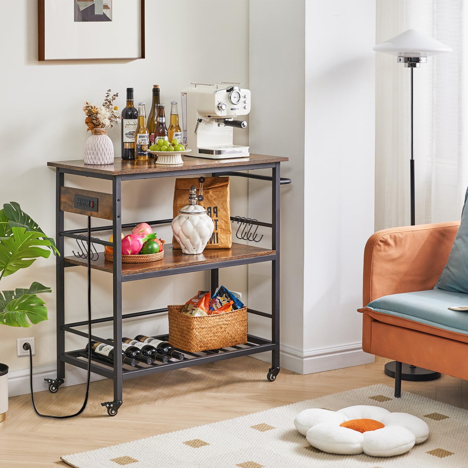 IBUYKE 3-Tier Kitchen Island Cart with Power Outlet & Large Worktop - Mobile Kitchen Table with Wheels for Food Prep, Storage & Serving - Perfect for Home Kitchen, Outdoor BBQ & Dining Room Use