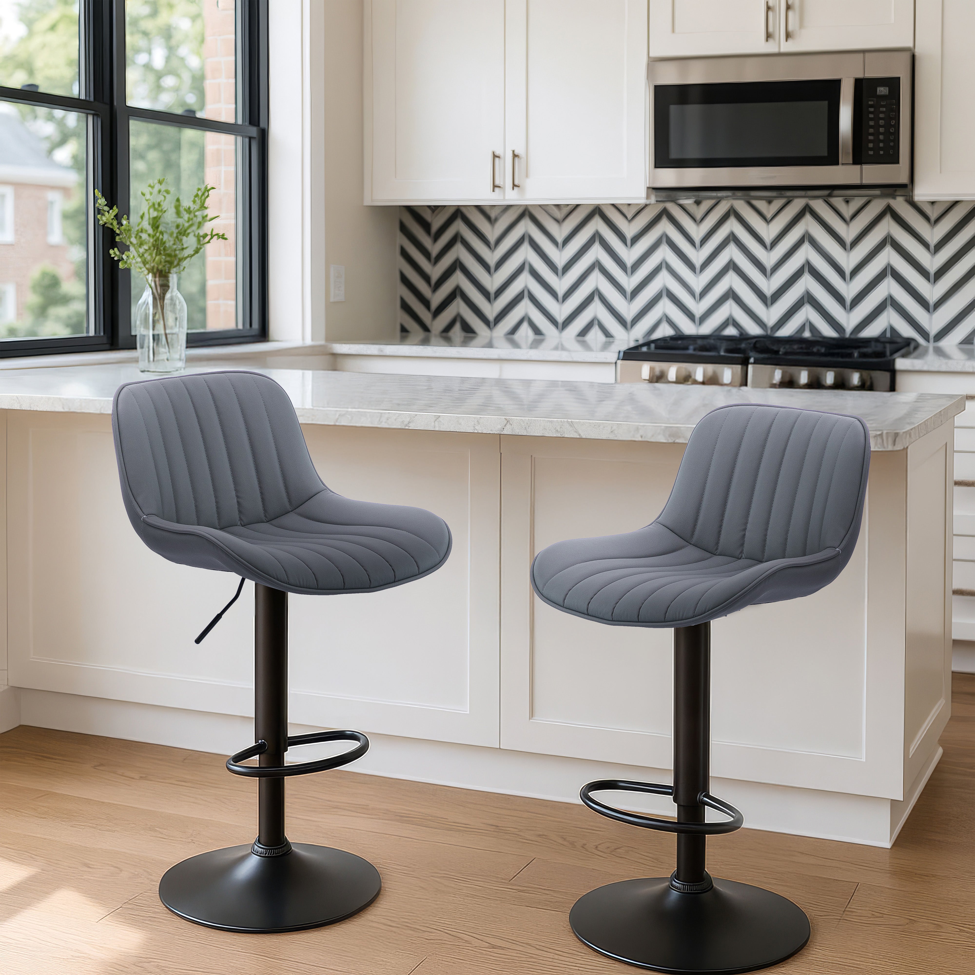 Urban Style Black Metal Bar Stools with Grey PU Seat - Adjustable Gas Lift Height - Set of 2 - Perfect for Kitchen Island, Home Bar & Dining Counter