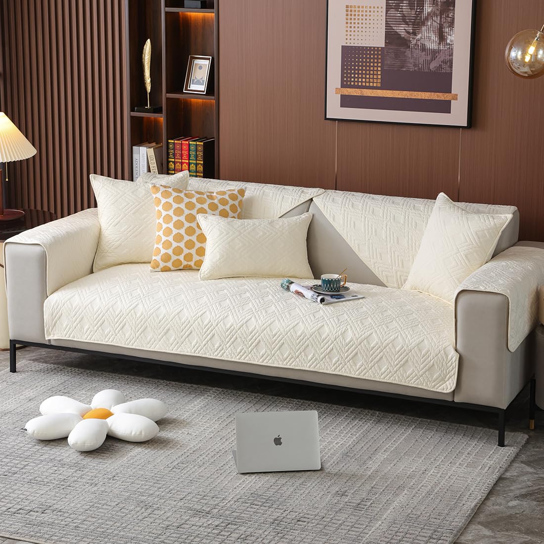 VCTOPS Geometric Quilted Sofa Cover - Cotton Sectional Couch Protector with Anti-Slip Backing for L-Shaped Couches, Kids & Pets - 1 Piece Beige Furniture Protector (43