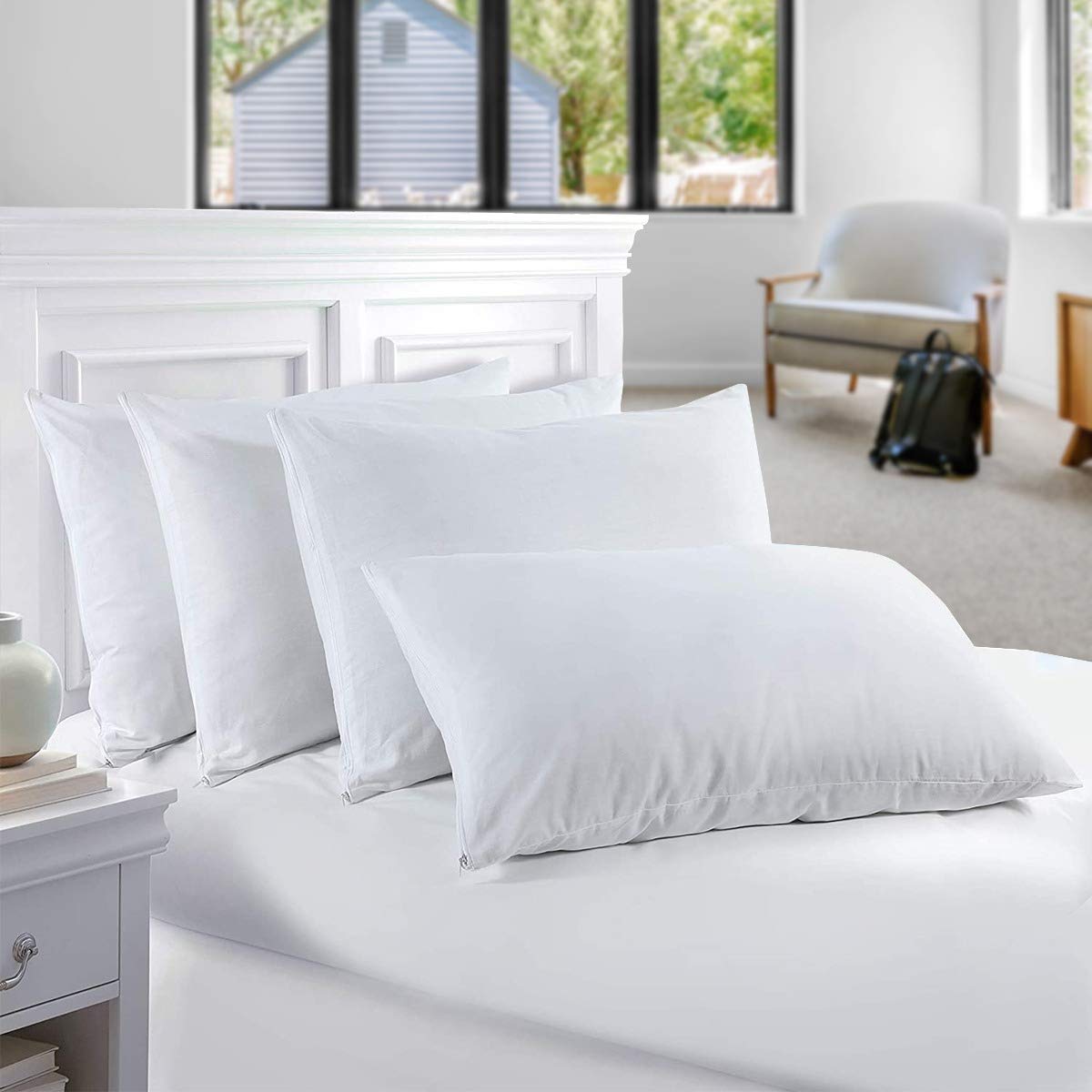 Premium 100% Cotton Zippered Pillow Protectors (Pack of 4) - Breathable, Dust Mite Proof, Hypoallergenic Bedding Covers - UK Standard Size 48x74cm - Ideal for Allergy Sufferers & Luxury Home Decor
