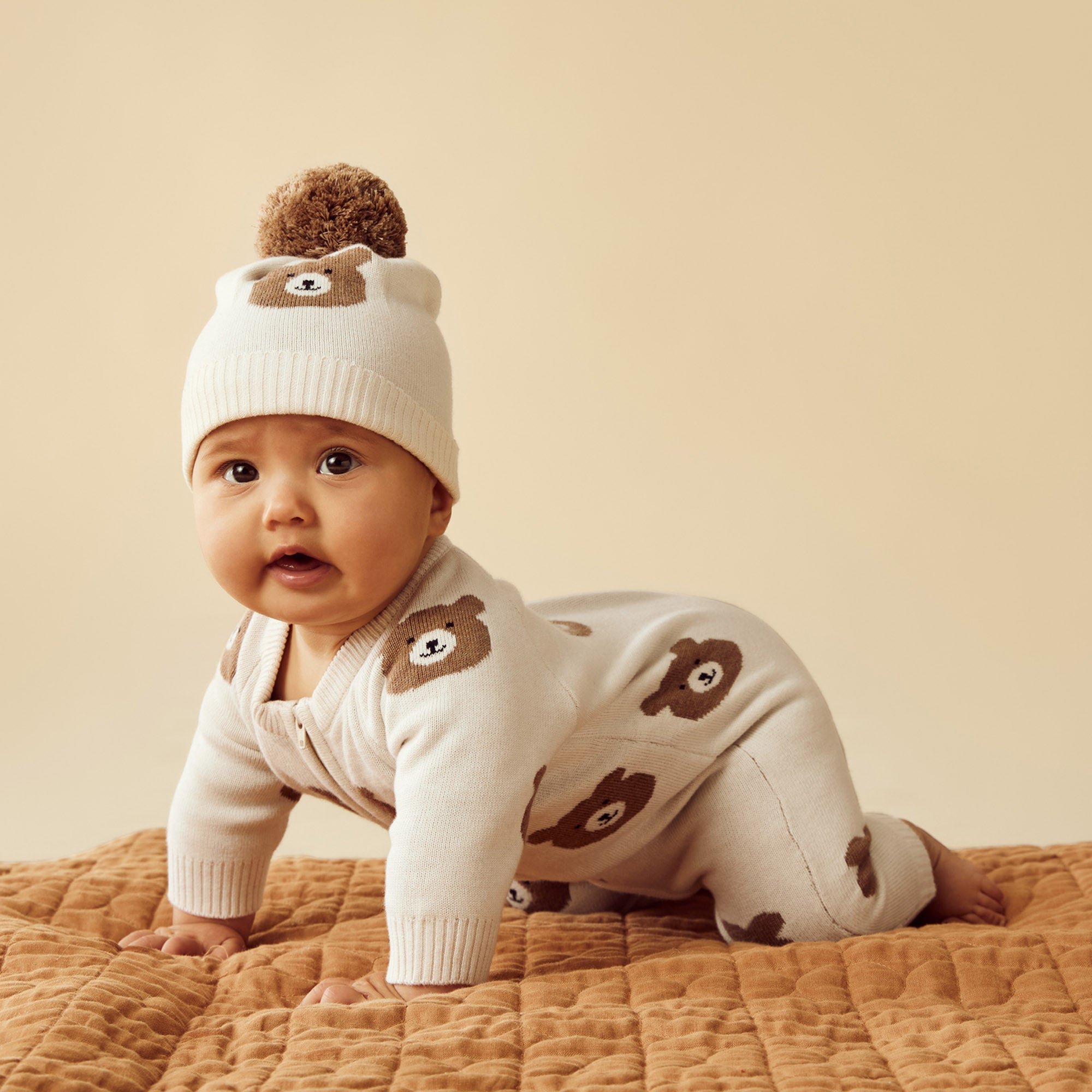 Beary Cute Organic Cotton Knitted Jacquard Baby Grow Suit - Soft & Breathable Newborn Romper for Playtime & Photo Shoots