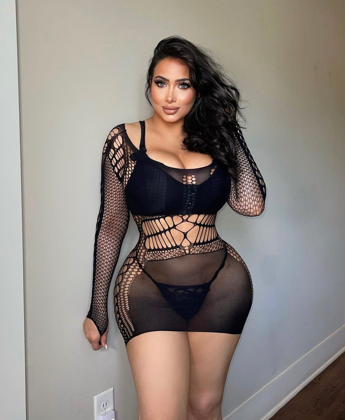 Sexy Black Lace Cut Out Long Sleeve Chemise Mini Dress - Women's Sheer Lingerie for Valentine's Day, Boudoir Photoshoot or Romantic Nights