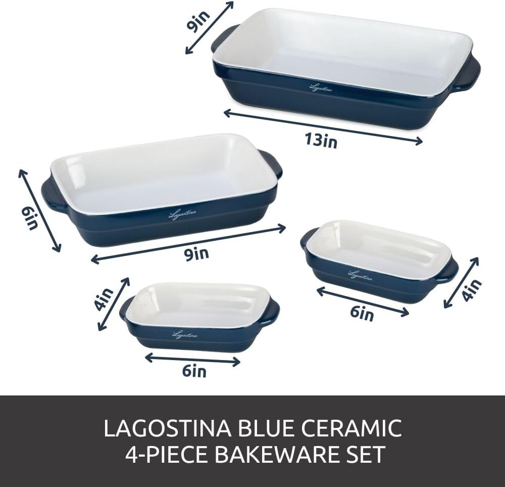 LAGOSTINA L913411404B Blue Ceramic 4-Piece Bakeware Set - Oven Safe Baking Dishes for Casseroles, Pies & Desserts - Perfect for Home Baking & Holiday Cooking