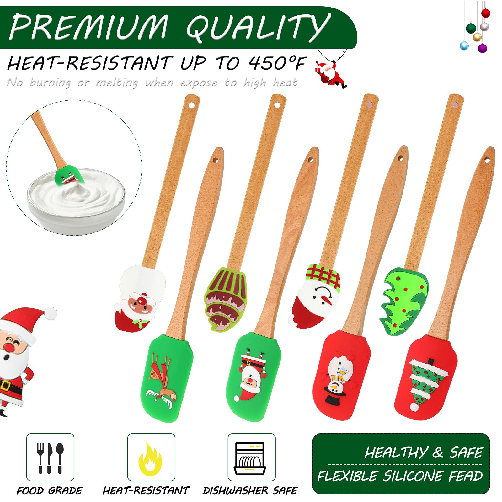 8-Piece Christmas Silicone Spatula Set - Santa Claus Pattern Baking Tools for Cake Decorating, Butter Cream Mixing & Kitchen Use - Wooden Handle Non-Slip Spatulas (Festive Holiday Gift for Bakers & Home Cooks)