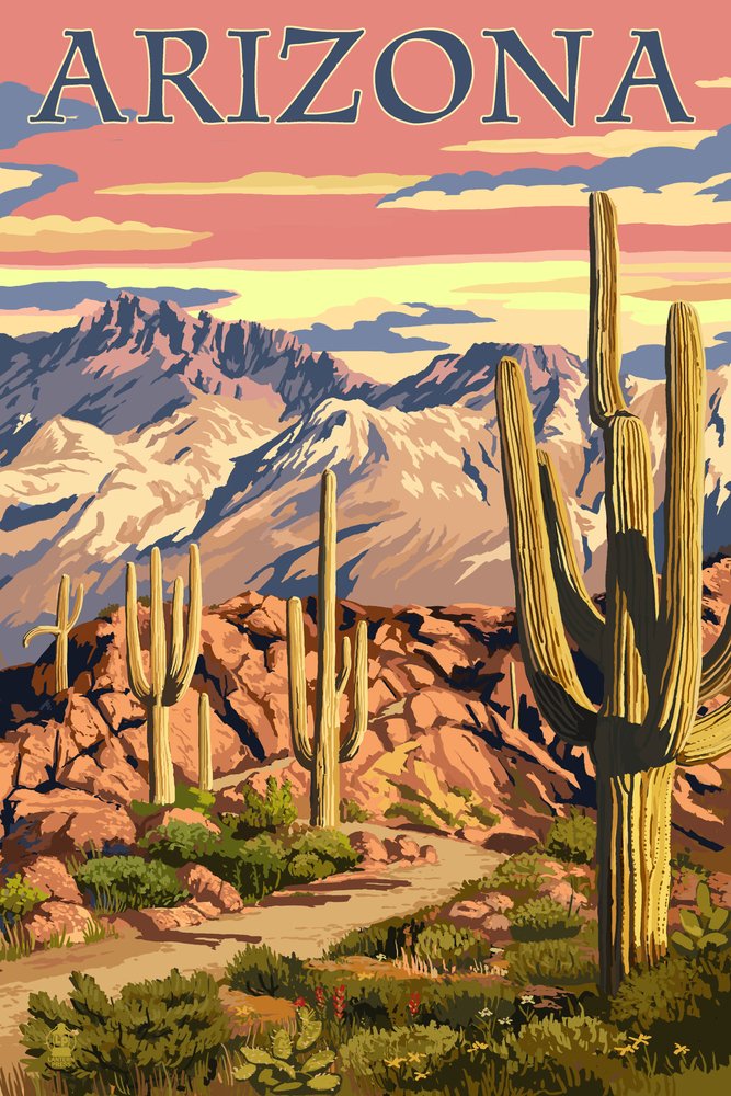 Arizona Desert Cactus Trail Sunset Landscape Art Print - 24x36 Signed Wall Decor Poster for Living Room, Bedroom & Office - Southwestern Home Decor