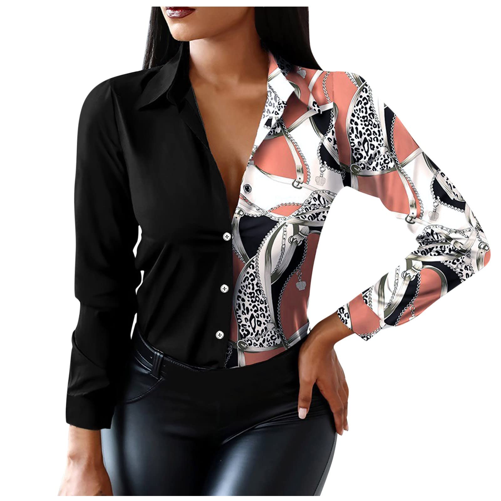 Women's Loose Sleeve Colorful Long Collar Blouse - Casual Running T-Shirt & Splice Design Top for Workout, Office & Everyday Wear