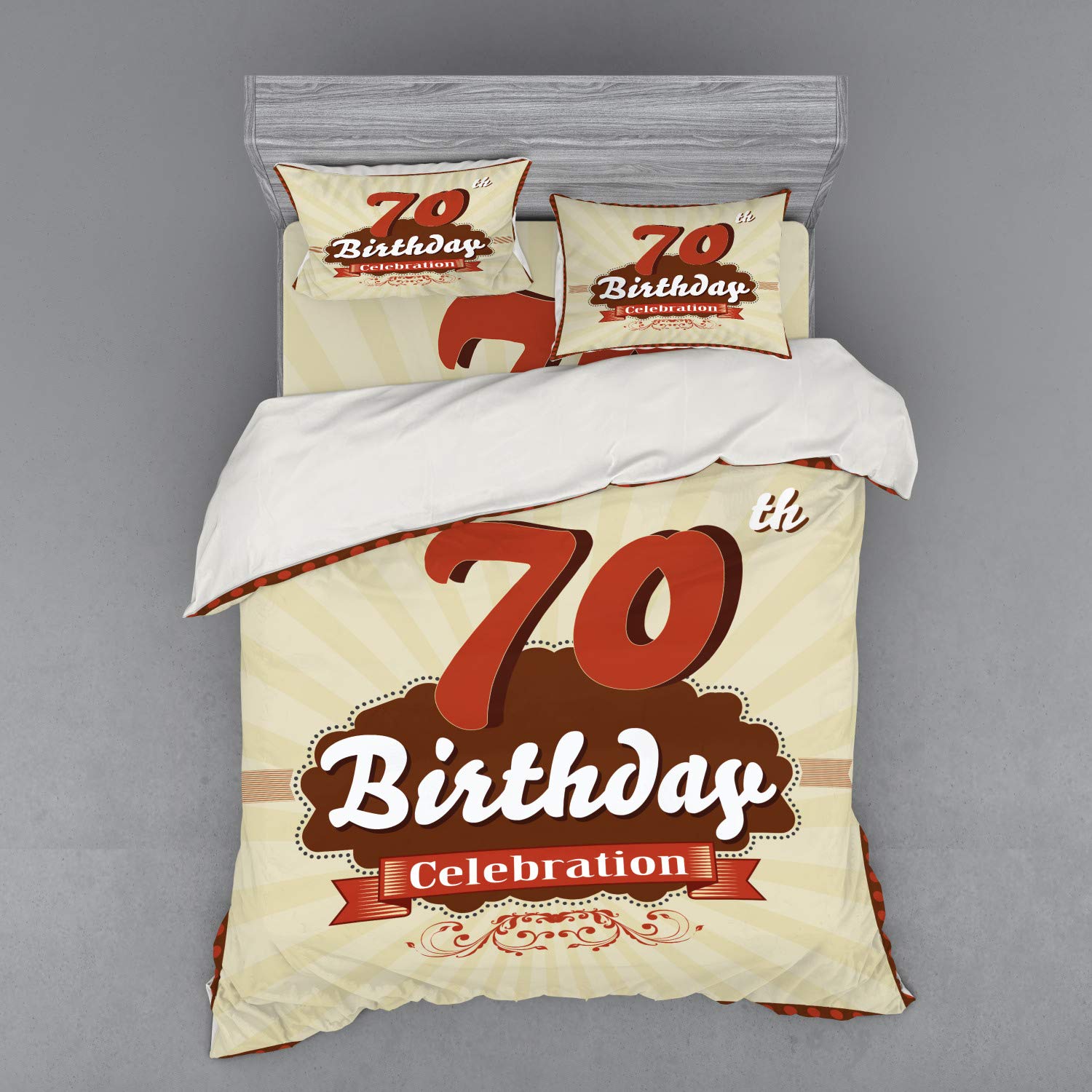Ambesonne 70th Birthday Bedding Set - Vintage Candy Store Inspired 4-Piece Duvet Cover Set with Shams & Fitted Sheet, Queen Size in Brown & Cinnamon - Perfect for 70th Birthday Celebrations, Anniversary Gifts & Vintage Home Decor
