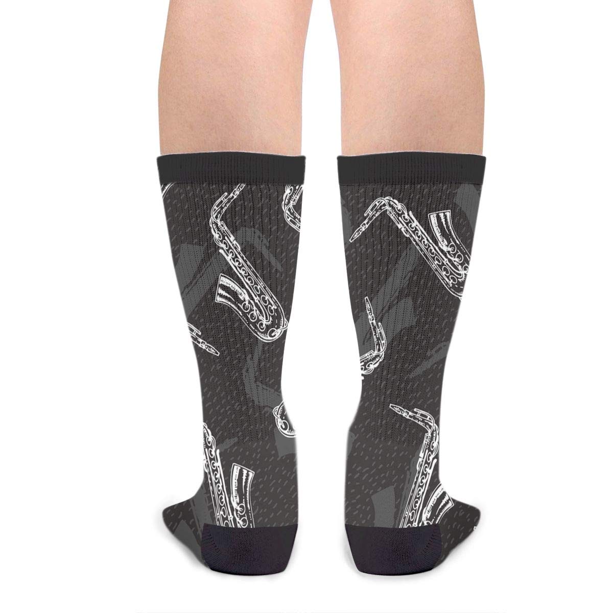 Funny Saxophone Sketch Crew Socks for Women & Men - Black & White Novelty Dress Socks - Perfect for Jazz Concerts, Music Lovers & Unique Gift Ideas