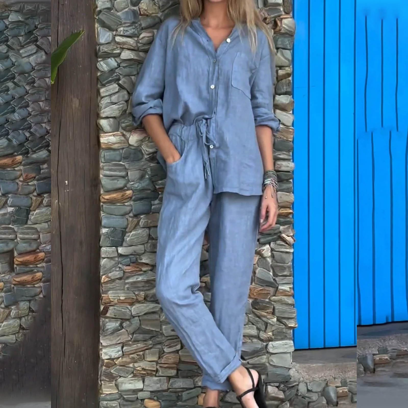 Premium Women's Linen Lounge Set - Soft Long Sleeve Top & Comfortable Pants 2-Piece Outfit | Breathable Summer Loungewear for Home, Travel & Relaxation