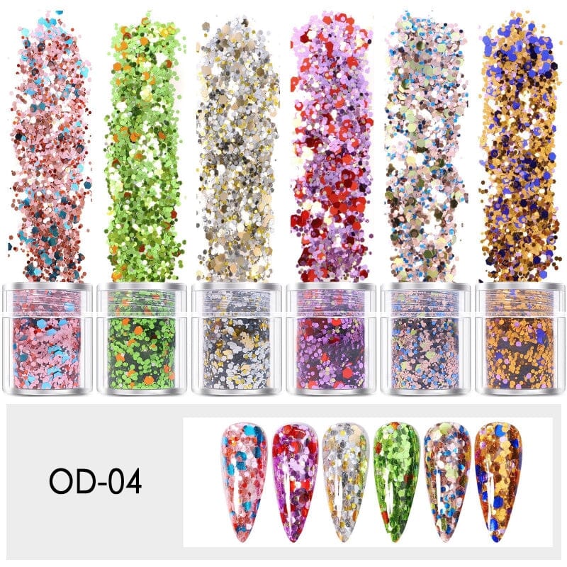 6-Piece Mixed Color & Shape Nail Art Glitter Set in Jars - Perfect for DIY Manicures, Nail Extensions & Salon Professional Use