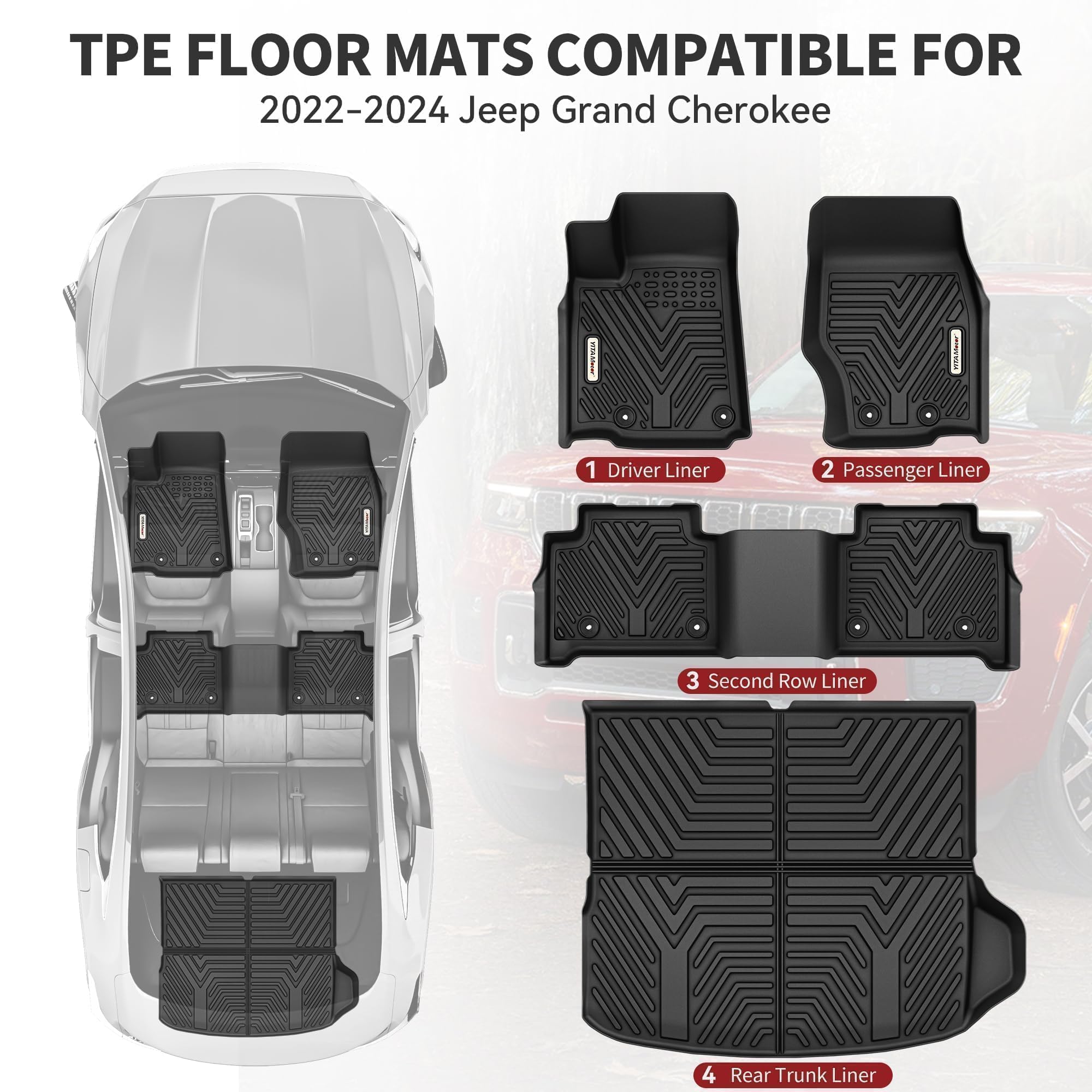 YITAMOTOR Custom Fit TPE All-Weather Floor Mats & Cargo Liners for 2022-2025 Jeep Grand Cherokee (Including 4xe, Excludes L/WK Models) - 1st & 2nd Row + Trunk Protection - Black - Perfect for Off-Roading, Daily Commutes & Family Road Trips