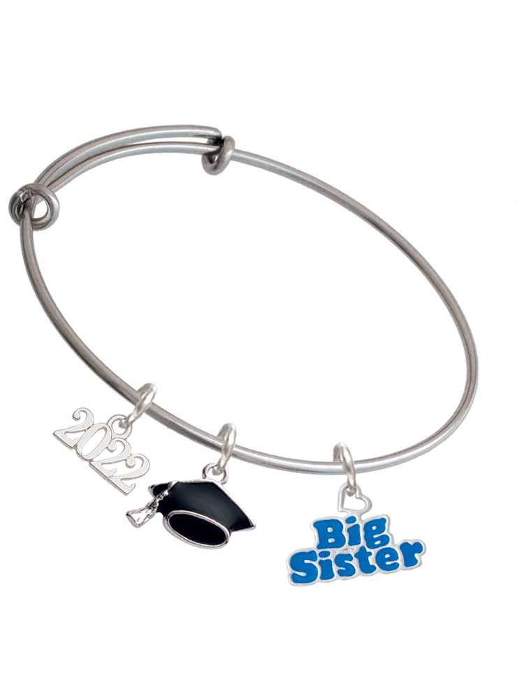 2022 Graduation Charm Bracelet - Silvertone 'Big Sister' Heart & Hat Bangle | Perfect Gift for Sister, Graduation Party, or Special Occasion
