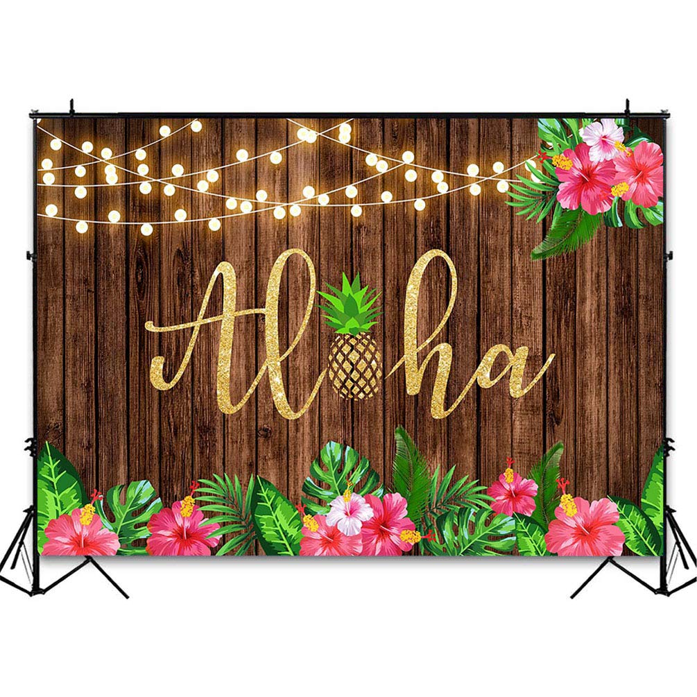 7x5ft Aloha Party Backdrop - Tropical Wood Leaves & Flower Hawaiian Luau Decor for Kids Birthday, Baby Shower & Photo Booth - Perfect for Hawaiian Themed Parties, Luau Events & Tropical Celebrations