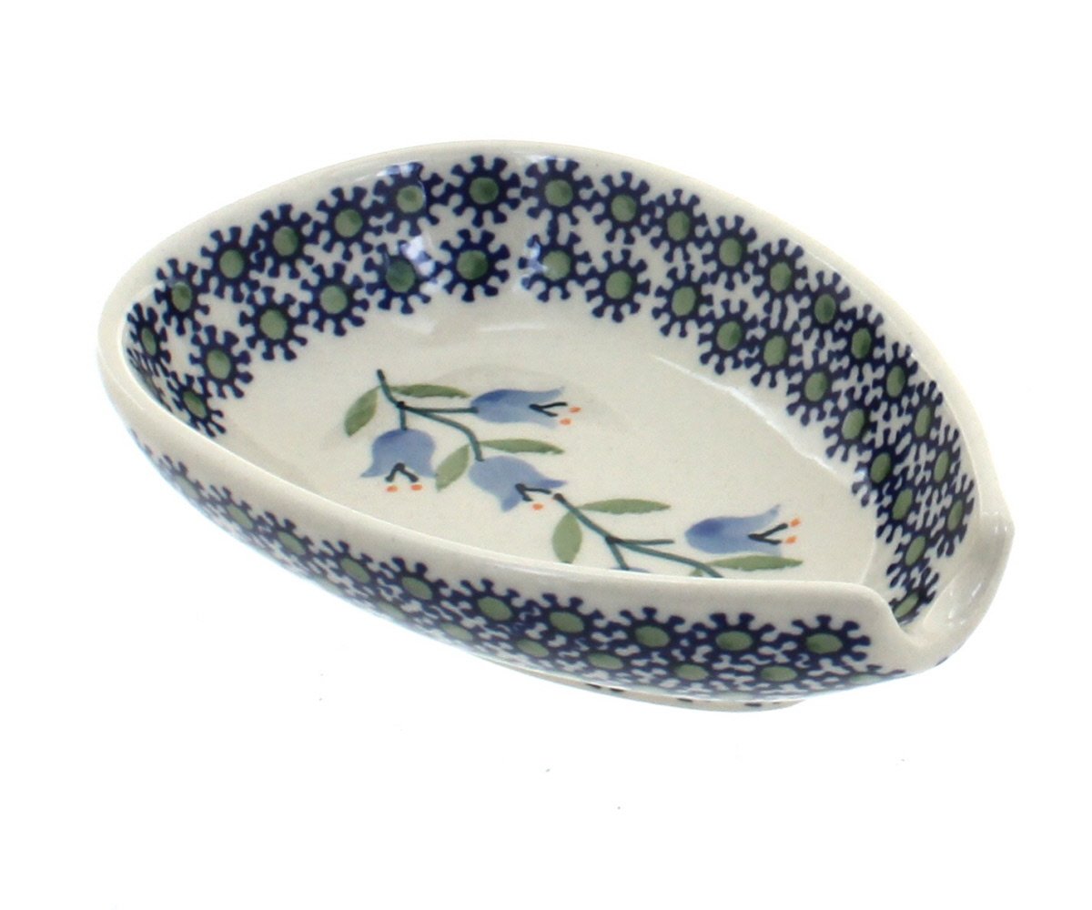 Handmade Blue Rose Polish Pottery Tulip Spoon Rest - Small Ceramic Spoon Holder for Kitchen, Dining Table, Tea Party & Coffee Station Decor