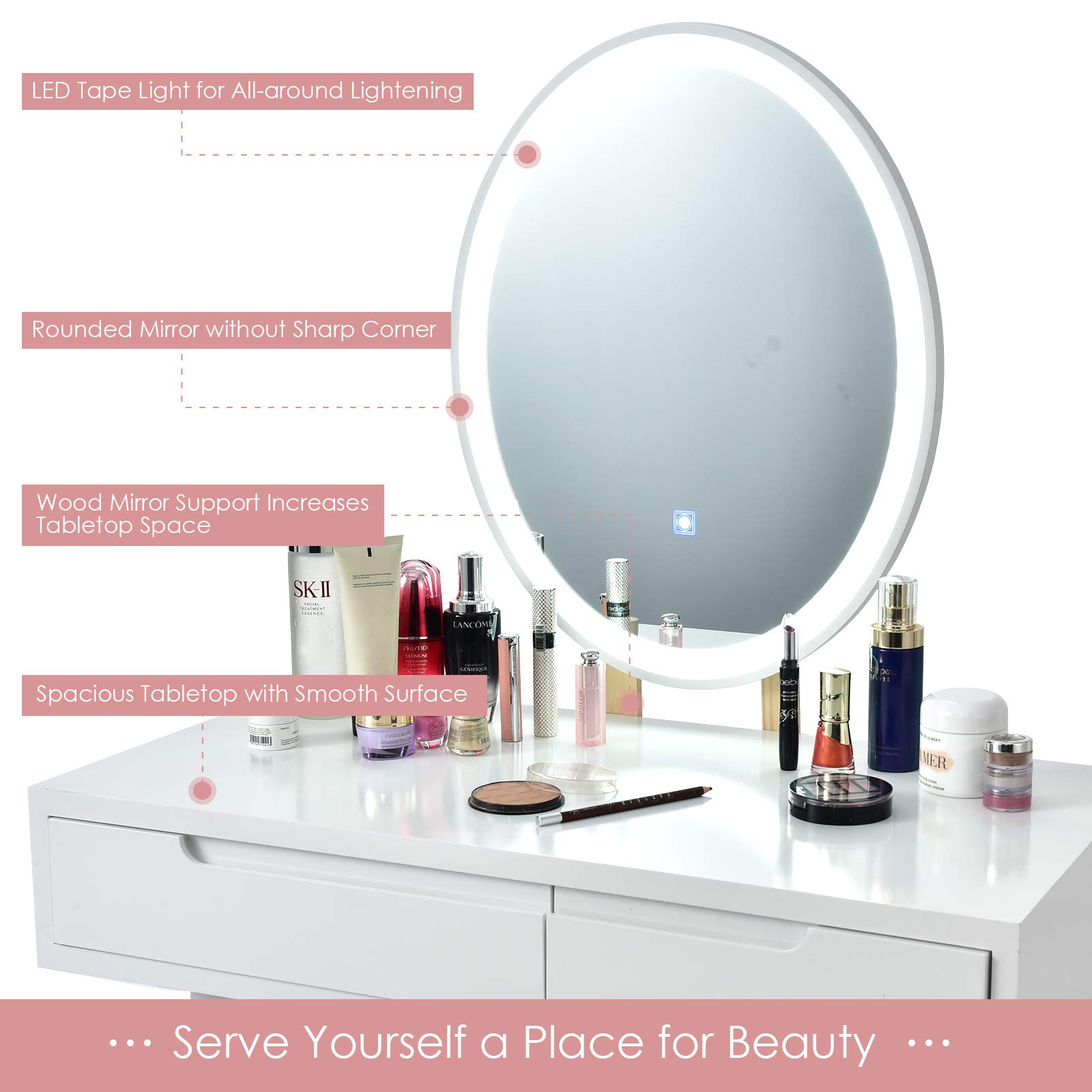 Charmaid Vanity Set with LED Lighted Mirror - 3 Adjustable Brightness Modes, Makeup Dressing Table with Cushioned Stool & 2 Sliding Drawers - Modern Bedroom Vanity for Women & Girls (White) - Perfect for Makeup Application, Skincare Routine & Home Decor