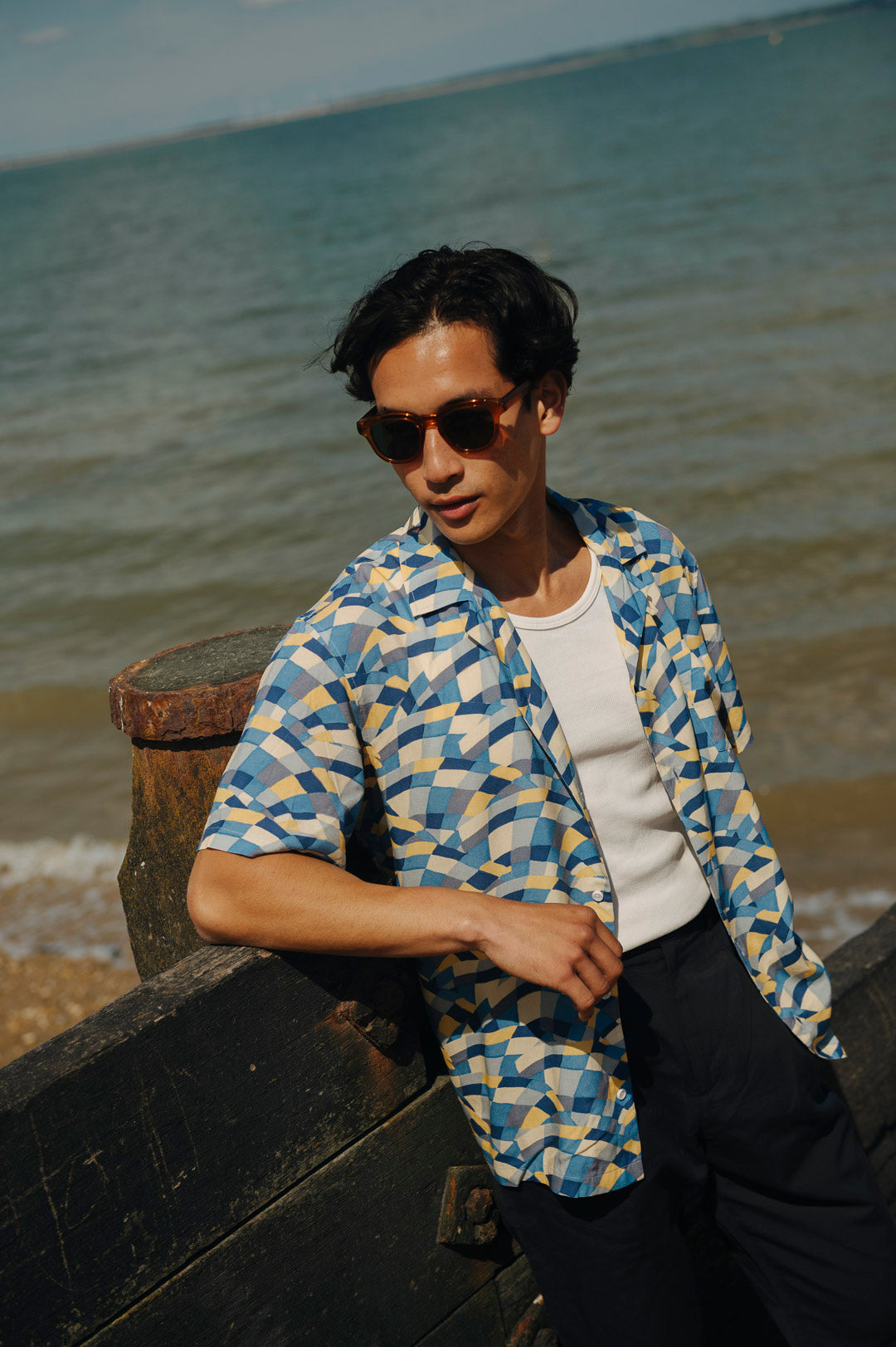 Blue Ecovero™ Mosaic Waves Cuban Shirt for Men | Eco-Friendly Short Sleeve Hawaiian Shirt | Perfect for Beach Vacation, Summer Party & Casual Wear