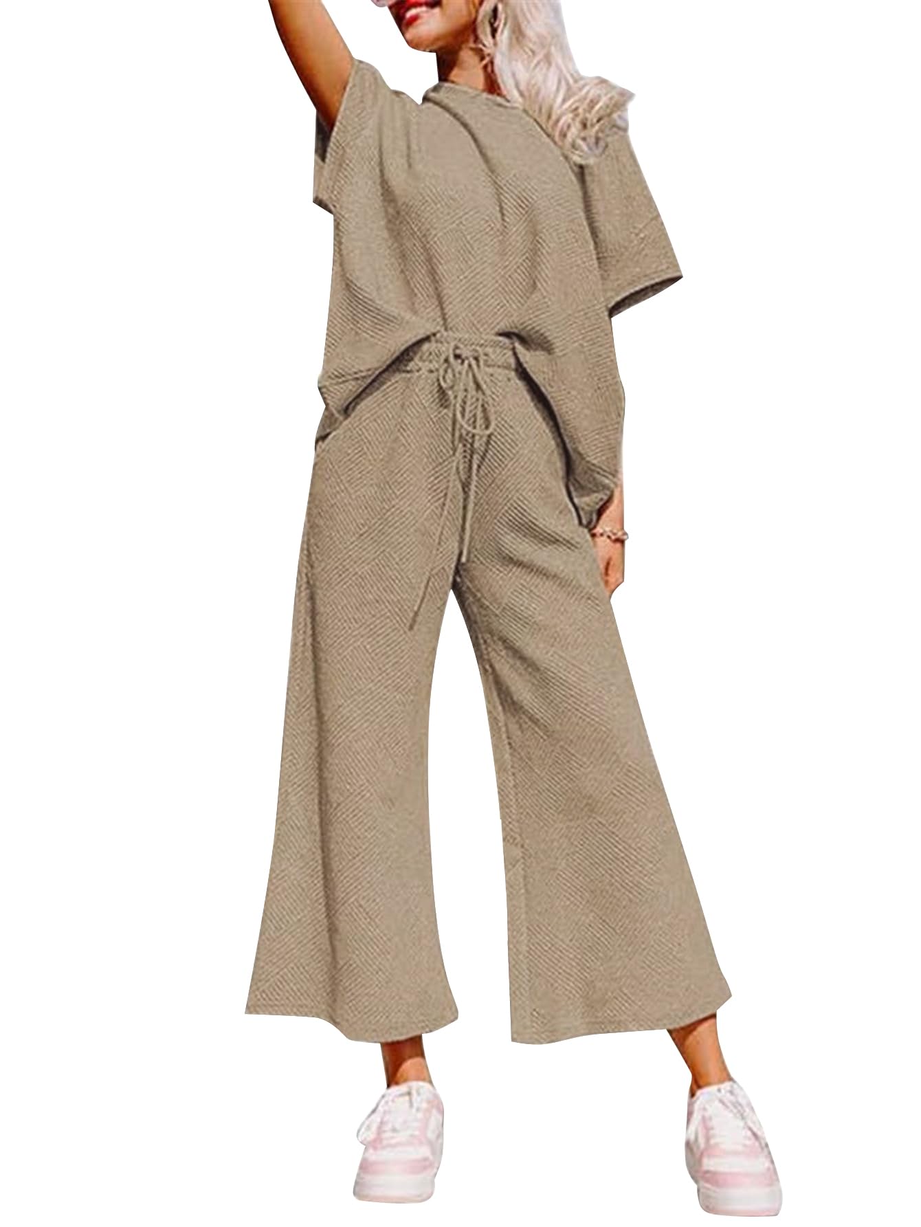 Women's 2-Piece Knit Lounge Set - Short Sleeve Pullover Top & Wide Leg Pants | Soft Summer Outfit for Home, Travel & Relaxation | 2024 Casual Comfort Wear