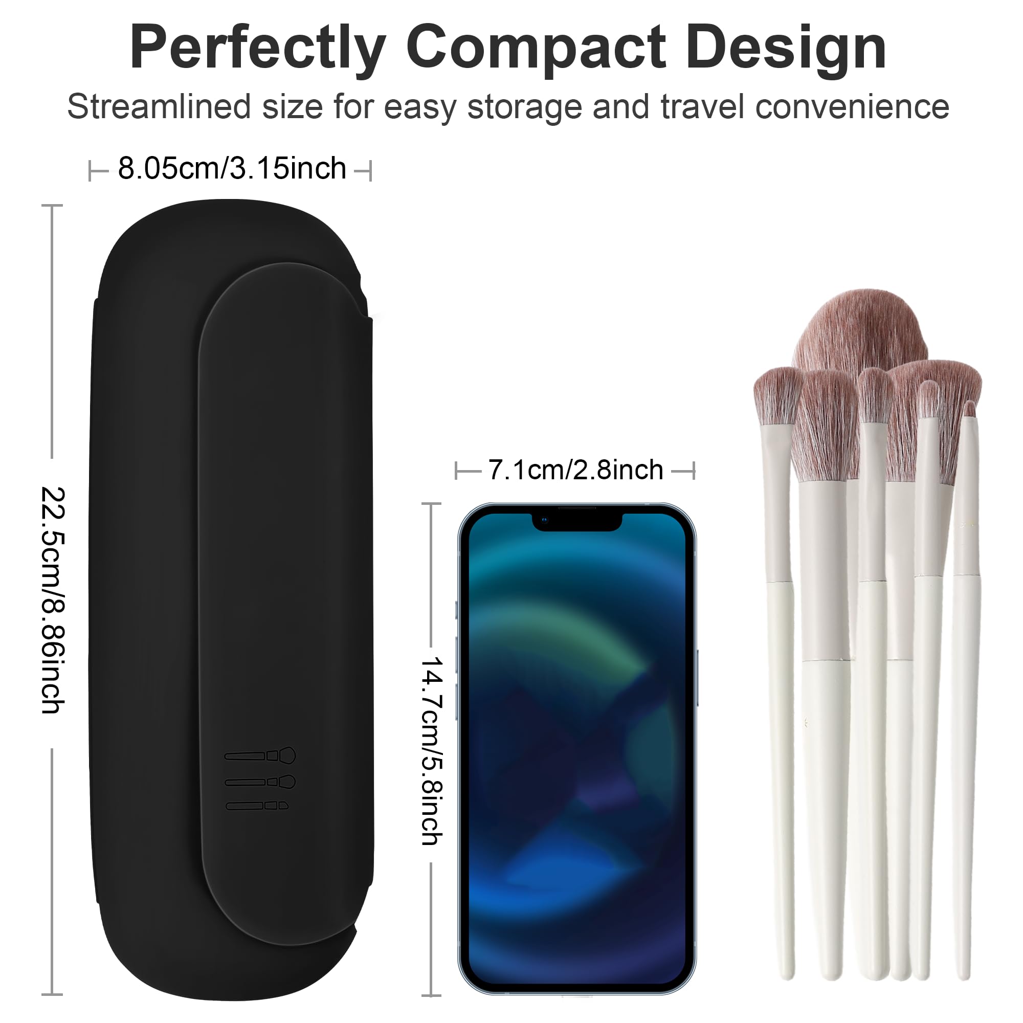 Portable Silicone Travel Makeup Brush Holder with Built-in Cleaner | Waterproof Cosmetic Brush Organizer Case | Compact Makeup Tools Storage for On-the-Go | Perfect for Travel, Gym Bag & Daily Cosmetics Organization (Black)