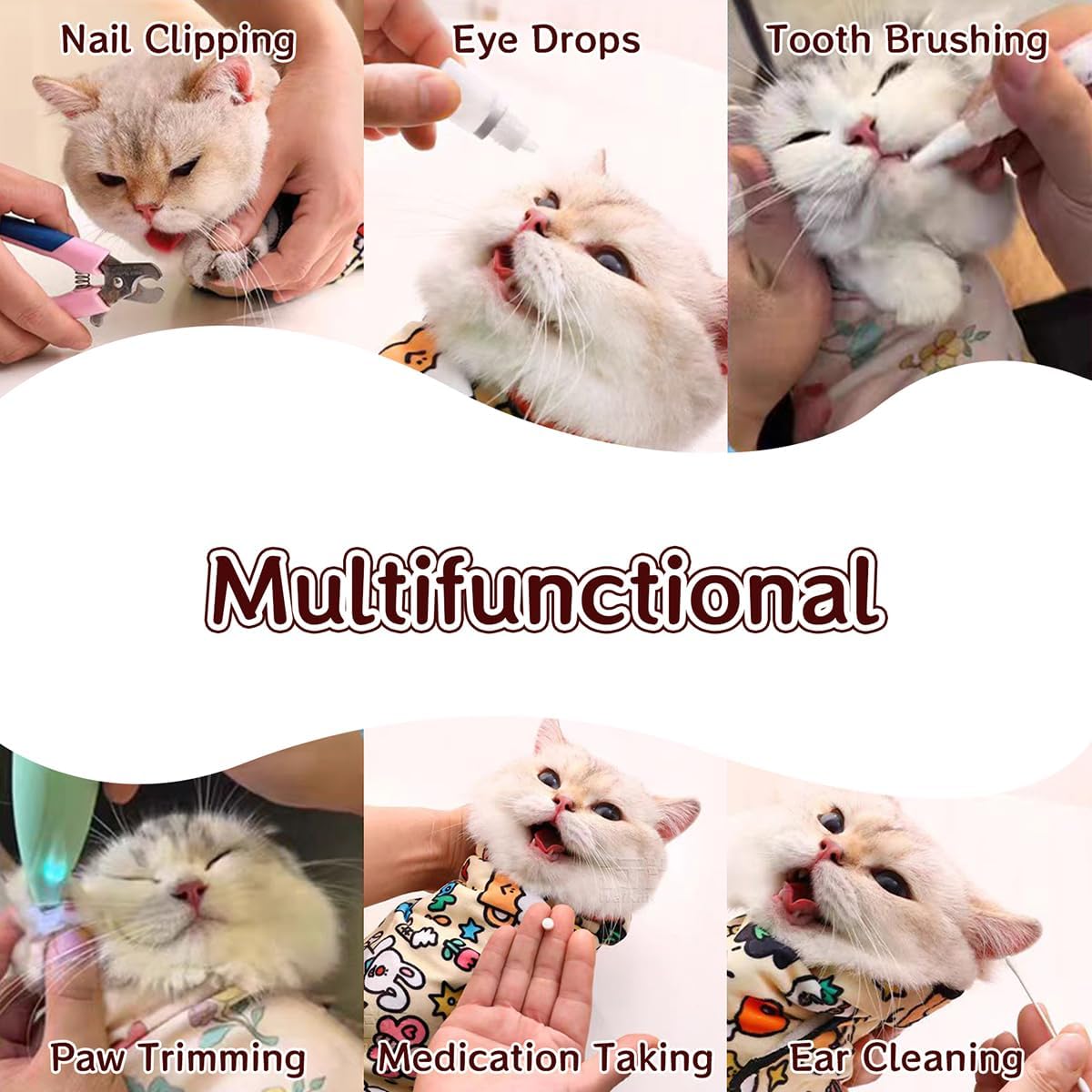 Premium Cat Grooming Wrap with Neck Support - Soft Swaddle Blanket for Safe & Stress-Free Pet Grooming (35x35cm, Rabbit Print, Up to 1.5kg) - Perfect for Nail Trimming, Bathing & Vet Visits