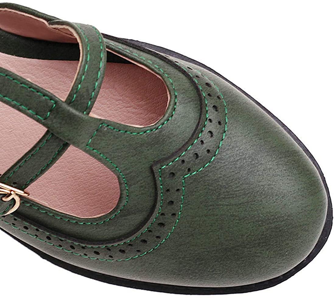 Women's Chunky Low-Heel T-Strap Mary Jane Shoes - Double Buckle Round Toe Platform Pumps in Army Green | Comfortable Dress Shoes for Work, Party & Casual Outfits