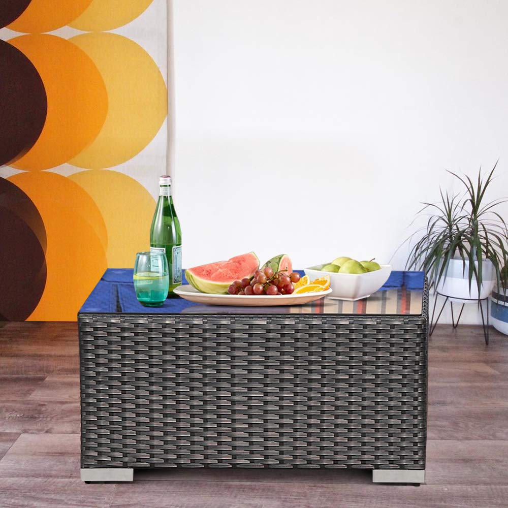 Black PE Wicker Patio Side Table with Glass Top - Rattan Coffee Table & Sofa End Table for Outdoor Living, Garden Party, and Poolside Relaxation