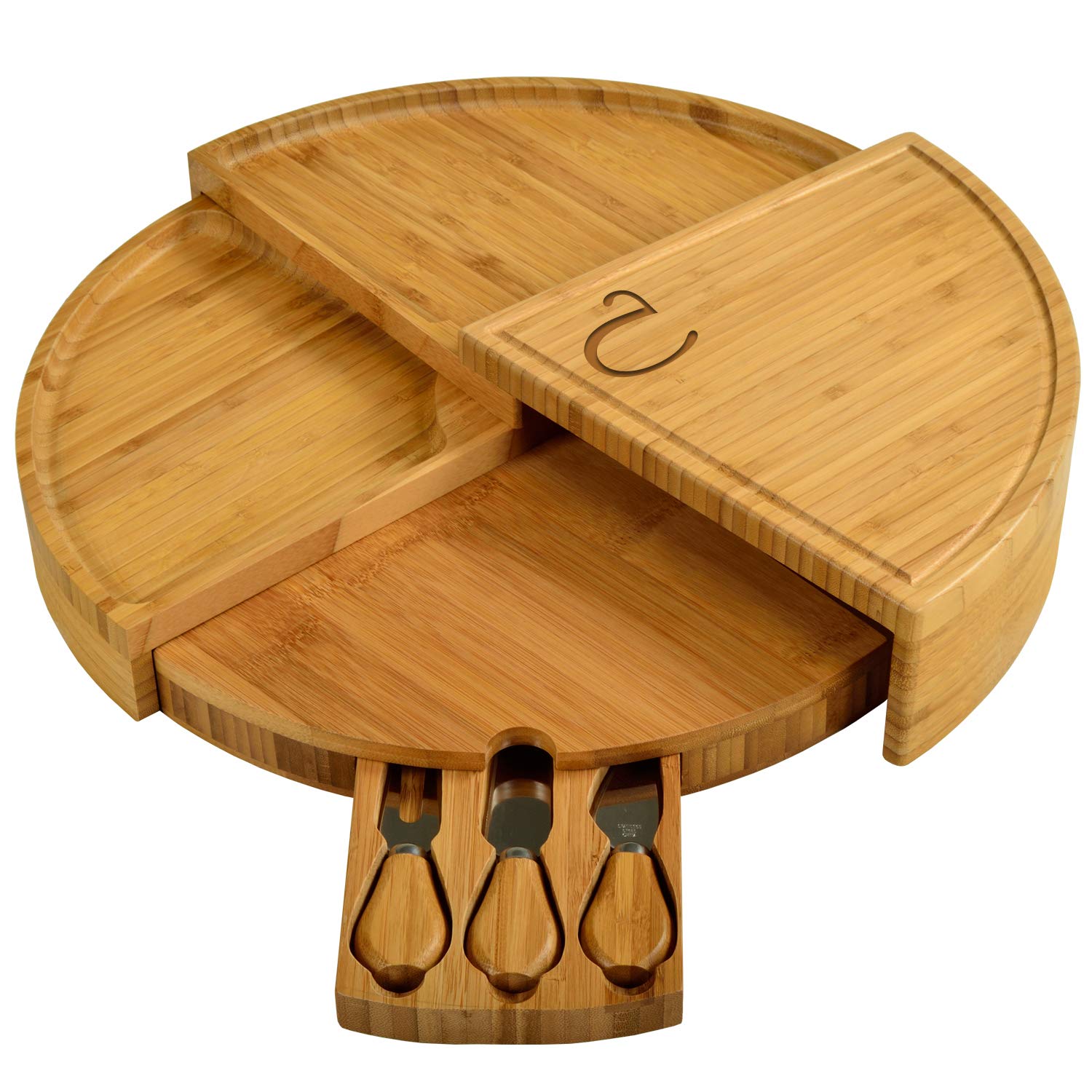 Personalized Monogrammed Bamboo Cutting Board with Knives & Cheese Markers - Engraved Charcuterie Board for Cheese, Charcuterie & Entertaining - Compact Wedge Design Expands to 18