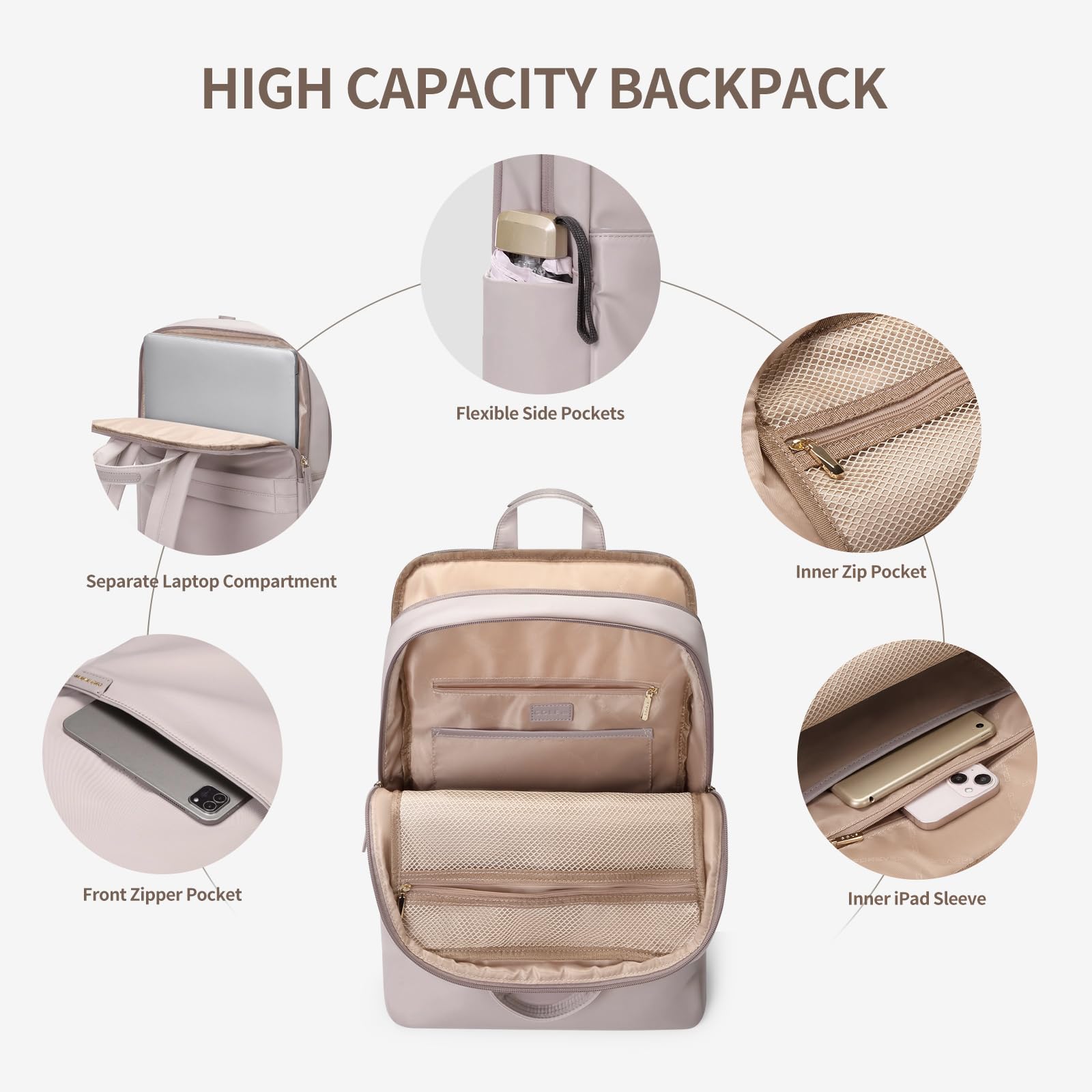 GOLF SUPAGS Anti-Theft Travel Laptop Backpack for Women - Slim Durable 17-Inch Computer Bag for College, Business & Work - Water-Resistant Business Backpack with USB Charging Port (Pinkish Grey) - Perfect for Commuting, Air Travel & Office Use