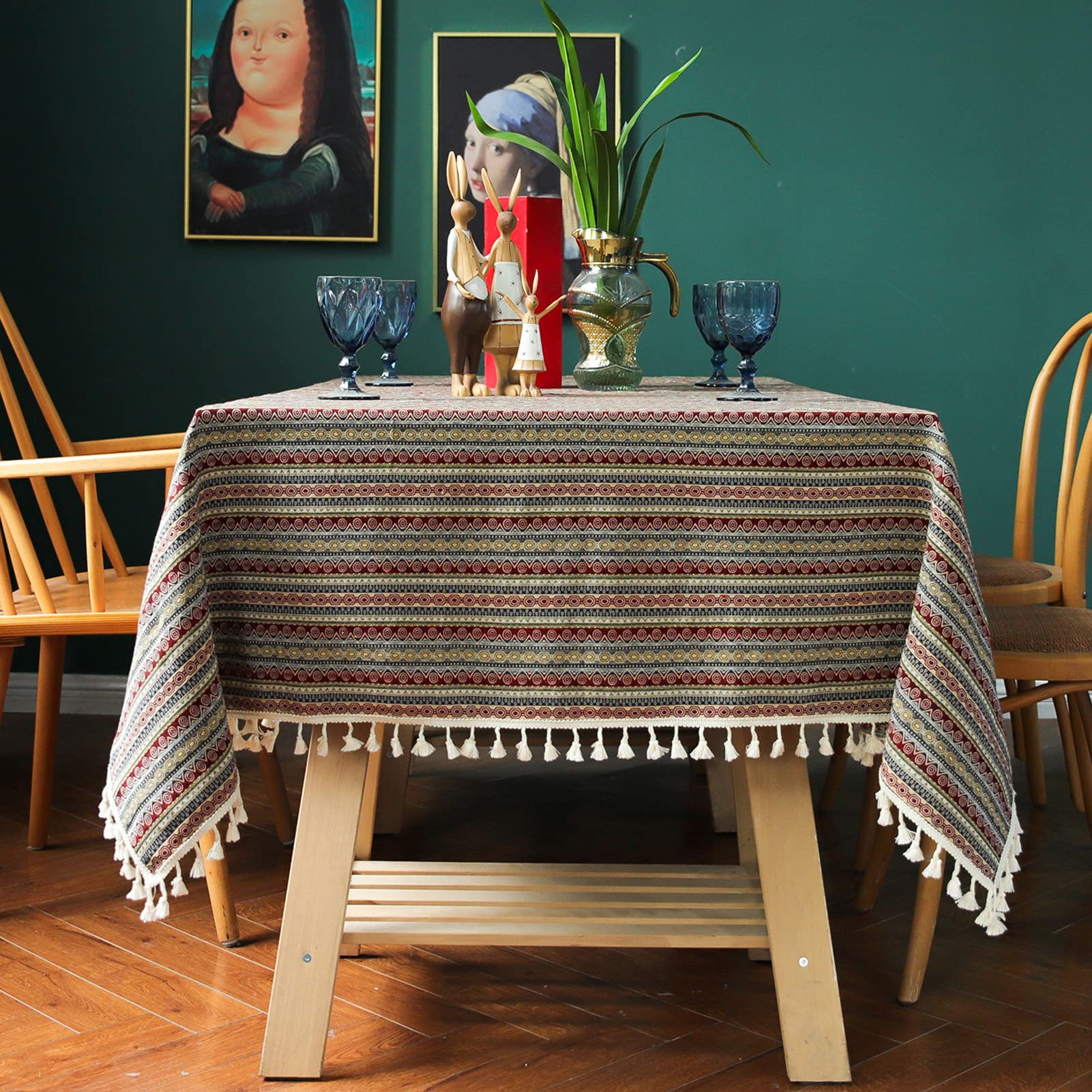 Bohemian Tablecloth for Rectangle Tables - Heavyweight Cotton Linen Table Cover, 55x94 Inches (140x240cm) - Boho Style Kitchen & Dining Table Decor for Farmhouse, Outdoor Picnic & Party Settings