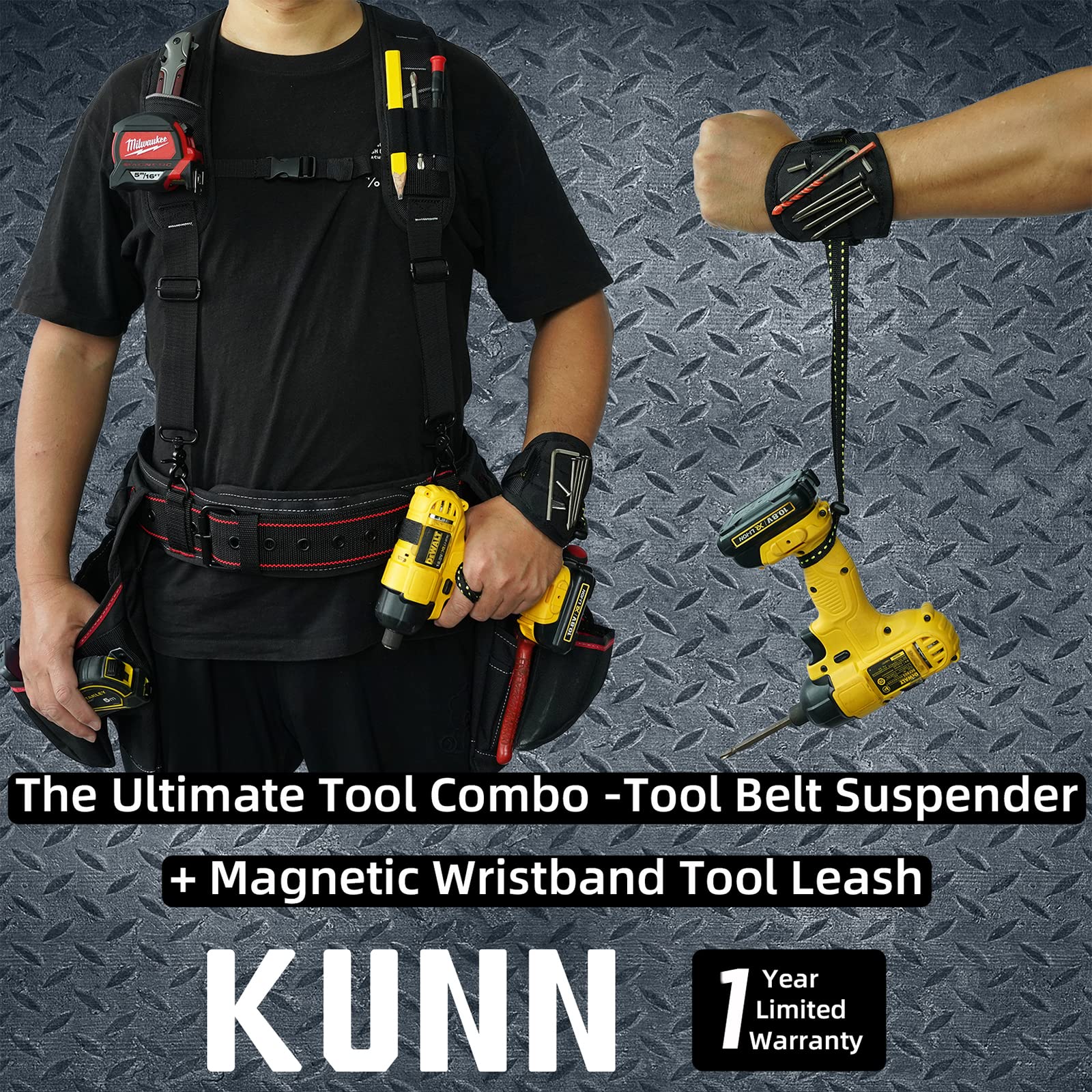 KUNN Heavy Duty Tool Belt Suspenders for Men - Magnetic Wristband Work Suspender for Construction, Electricians & Carpenters - Black | Ideal for Framing, Renovation & Professional Tool Organization