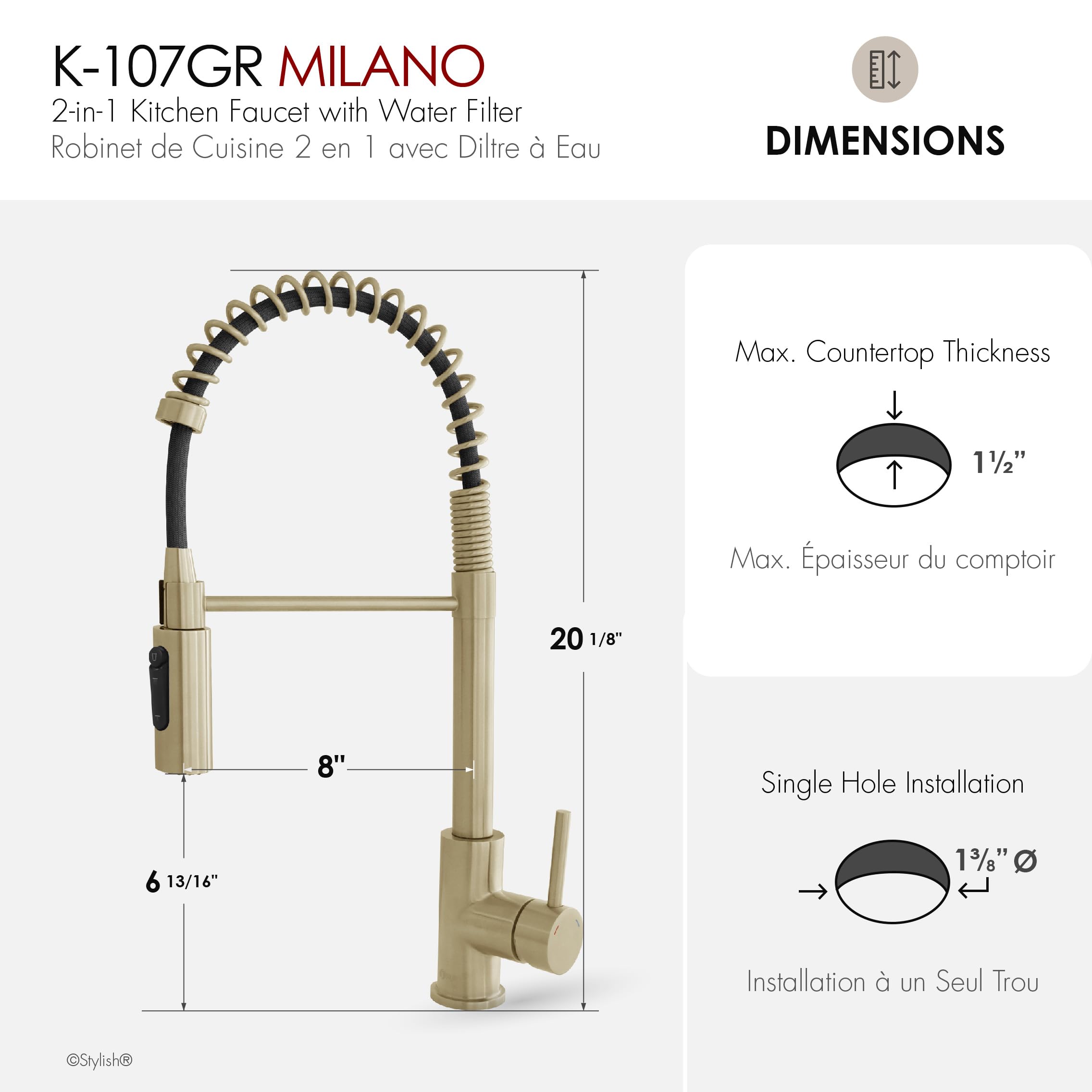 Premium 2-in-1 Commercial Kitchen Faucet with Pull-Down Sprayer & Water Filter - Brushed Gold Stainless Steel Single Handle Sink Faucet with Ceramic Cartridge & Aerator (Model K-107GR) - Ideal for Restaurants, Home Kitchens & Food Prep Areas