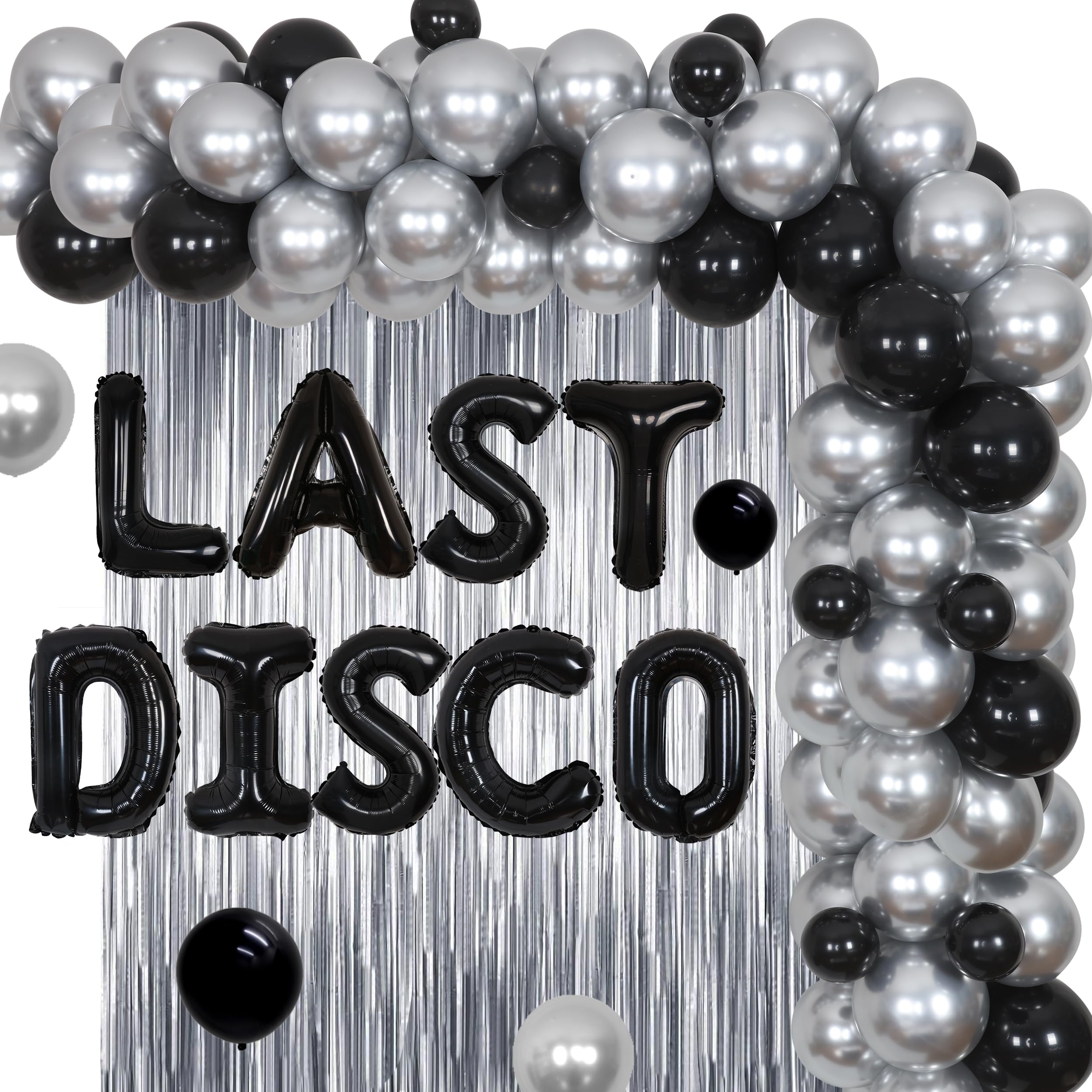 Last Disco Bachelorette Party Decorations - Black & Silver Balloon Garland Kit with Disco Ball Banner, Foil Fringe Backdrop for Disco Themed Dance Parties, Bachelorette Celebrations & 70s Retro Events