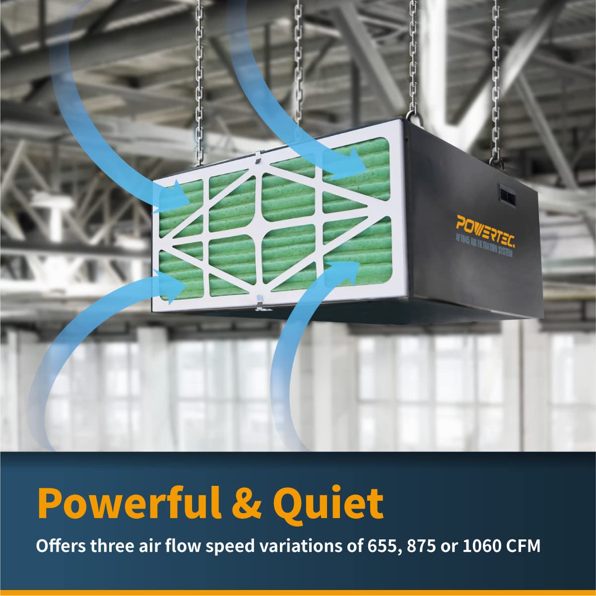 POWERTEC AF1045V 3-Speed Remote Controlled Air Filtration System - 655/875/1060 CFM Hanging Dust Collector for Woodworking, Workshops & Garages | Air Purifier for Dust Removal & Clean Air in DIY Projects & Home Improvement