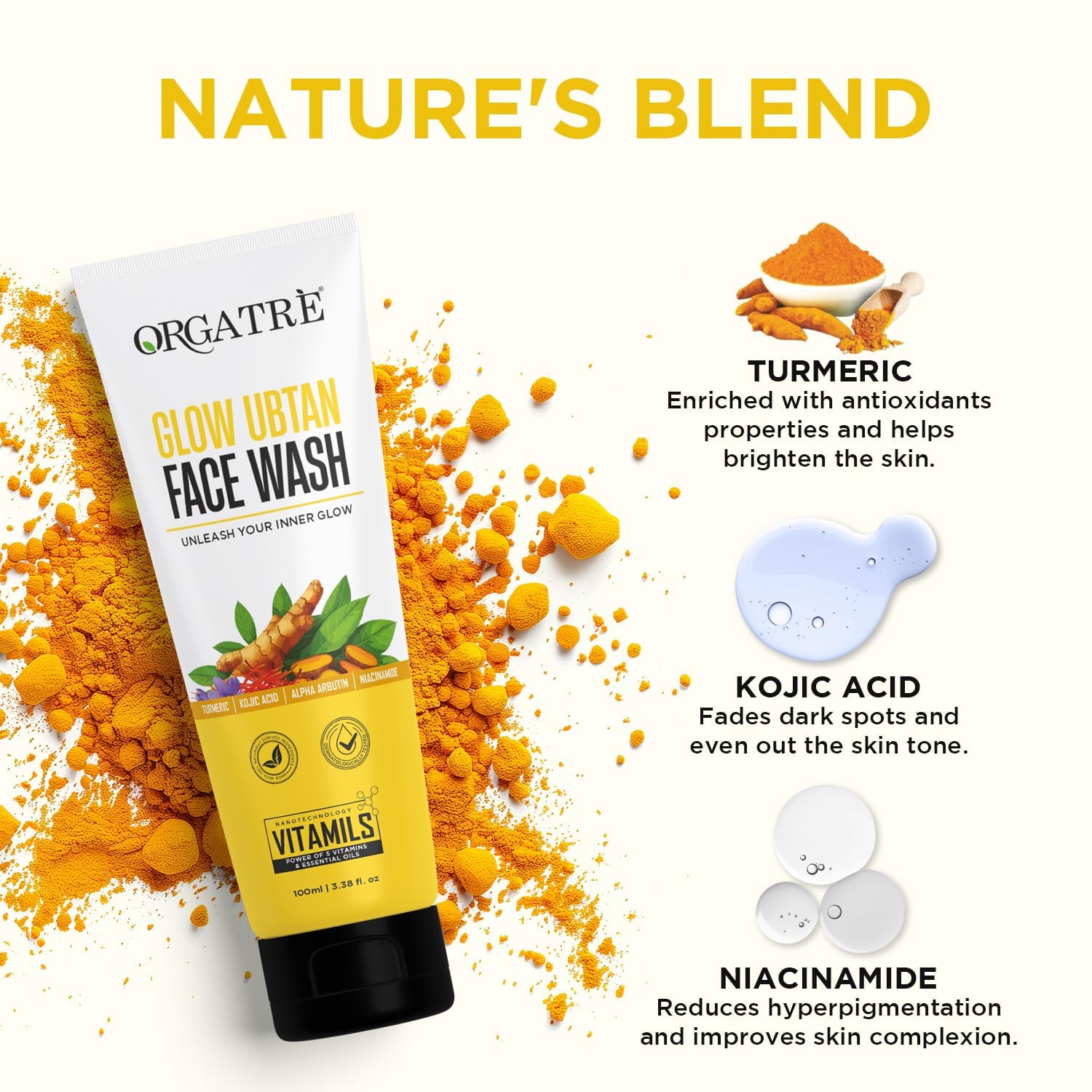 Glow Ubtan Face Wash with Turmeric, Kojic Acid & Niacinamide for Skin Brightening, Tan Removal & Even Tone - 100ml | Dermatologist Tested | For Men & Women | Daily Use for Radiant, Glowing Skin