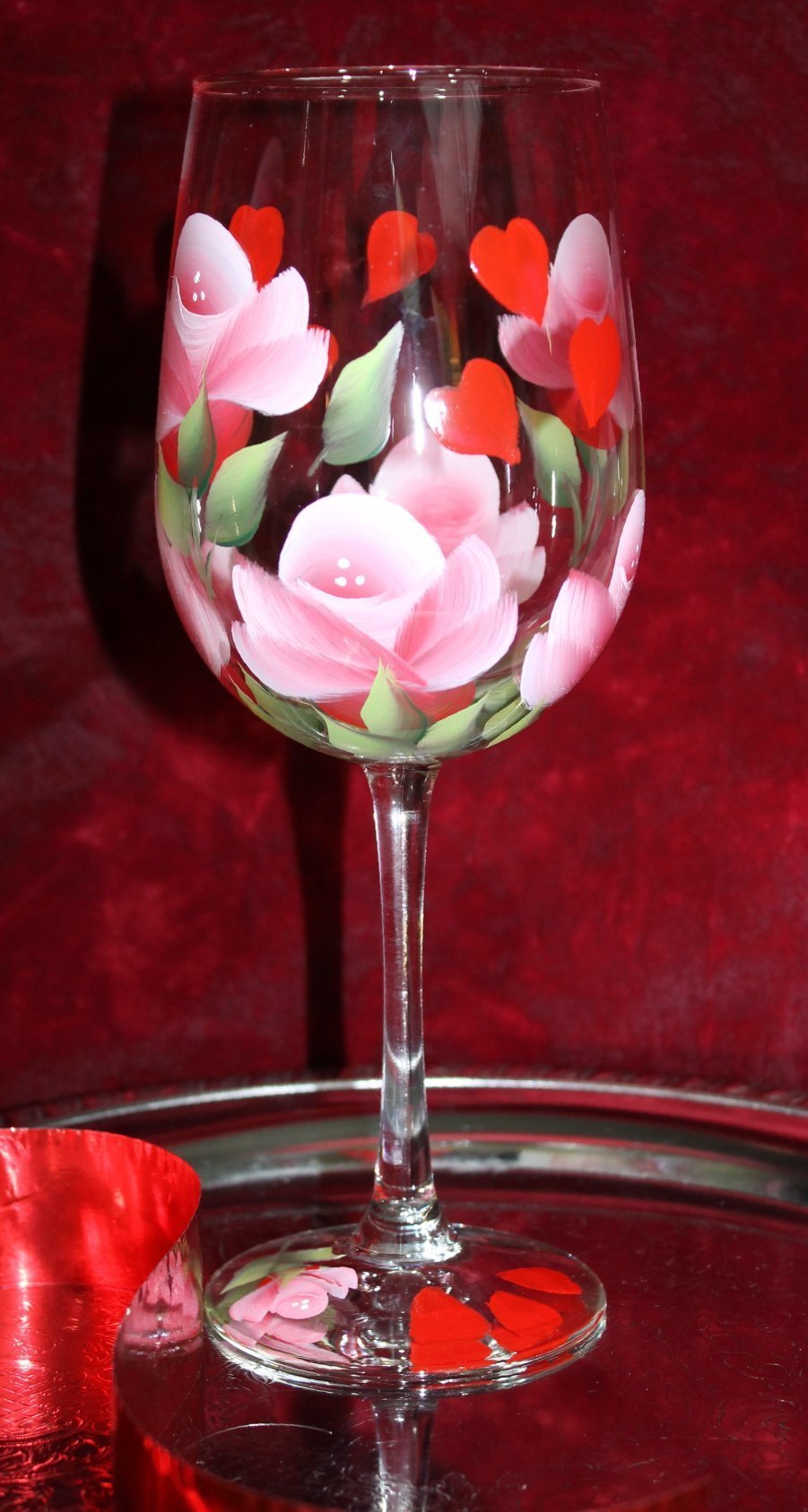 Hand Painted Valentine's Day Wine Glasses Set of 2 - Romantic Rose & Heart Design for Couples, Anniversary Gifts, Wedding Favors - Perfect for Date Nights, Romantic Dinners & Special Occasions