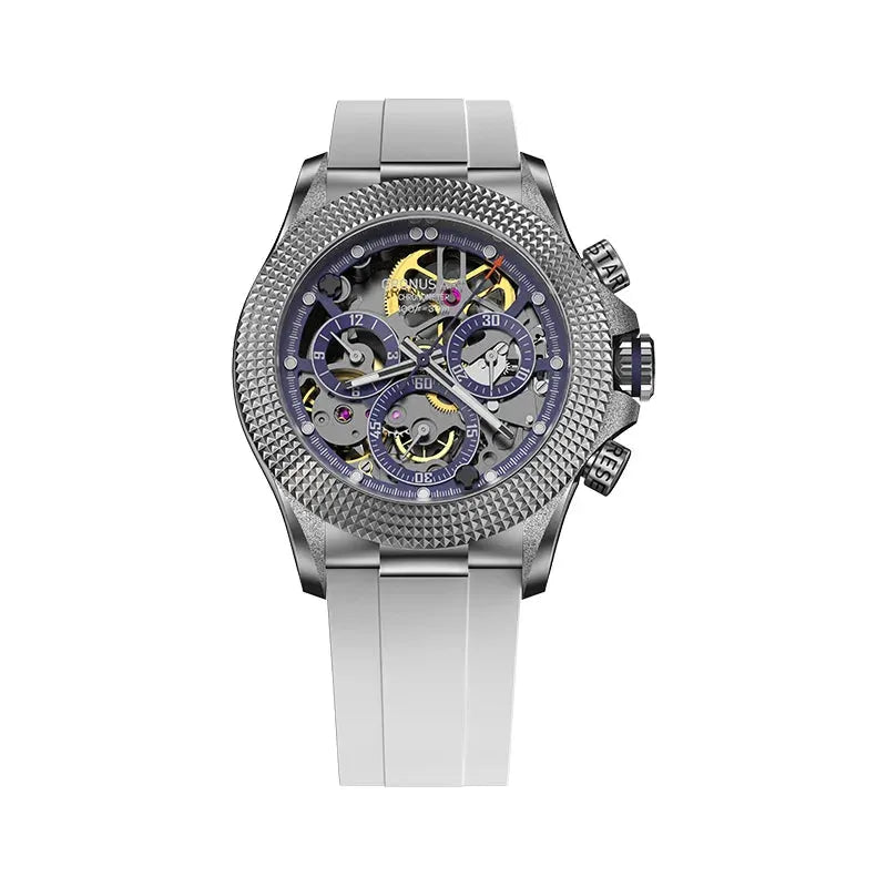 CRONUSART Men's Automatic Chronograph Watch 42mm - Luminous Triple Window Hollow Dial, Fluororubber Strap - Mechanical Wristwatch for Business, Casual & Outdoor Activities