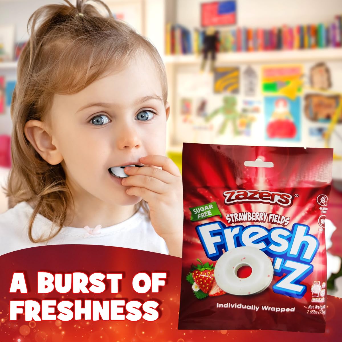 Sugar Free Strawberry Flavored Candy - Fresh Breath Mints, Individually Wrapped, Nut Free, 2.65oz Pack - Perfect for On-the-Go, Office, Travel & After Meals