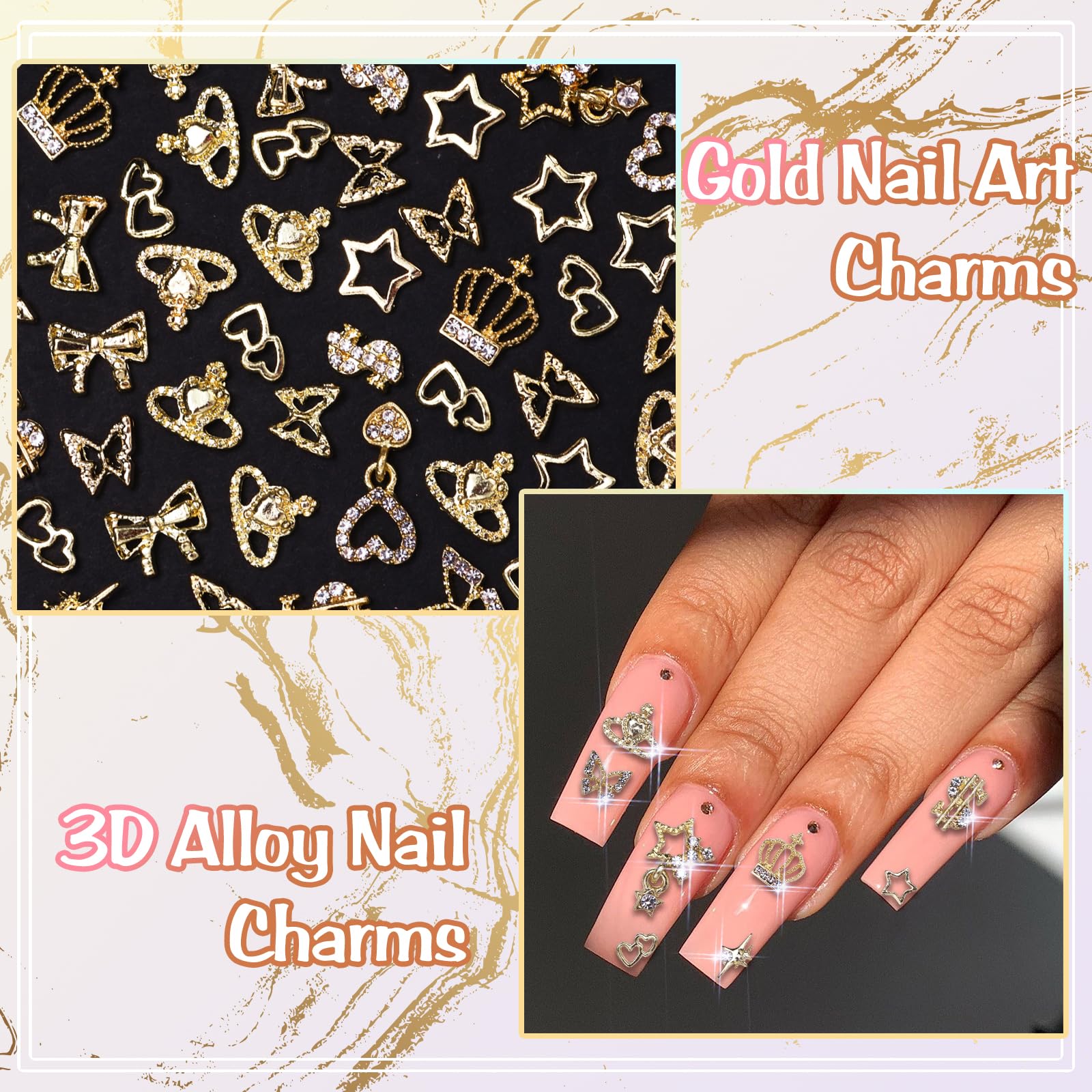 Anower 78Pcs Gold Nail Charms Kit - 12 Styles Alloy Nail Art Decorations with Butterfly, Crown, Hollow Planets & Star Charms - 3D Metal Nail Jewelry for Professional Nail Designs | Perfect for DIY Manicures, Salon Nail Art & Party Nail Decorations