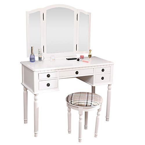 White Vanity Set with Stool - 5-Drawer Dressing Table & Tri-Folding Mirror Makeup Desk for Bedroom, Cushioned Stool Included (Adult Size) | Perfect for Cosmetics Organization, Beauty Routine & Home Decor