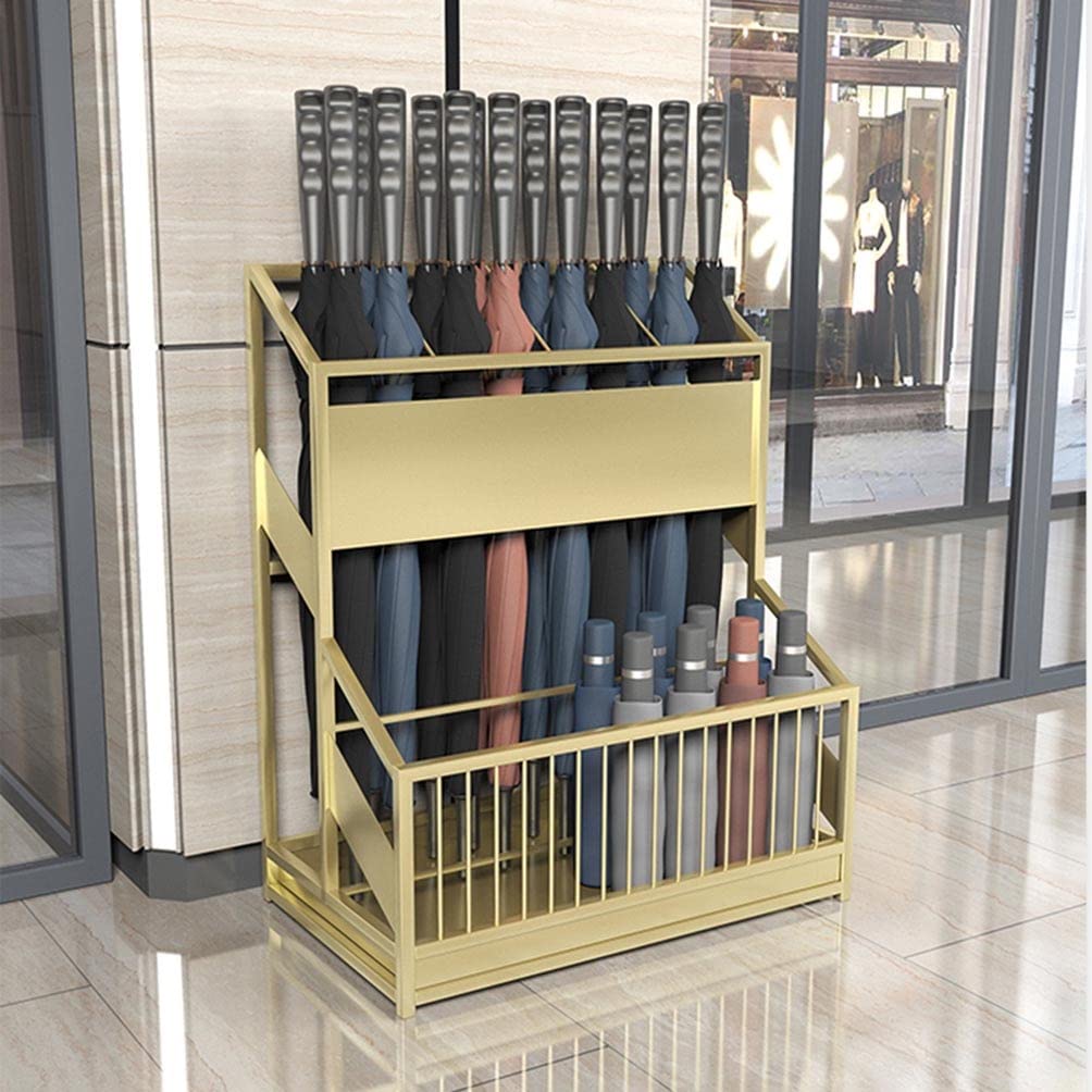 Large Iron Umbrella Stand Holder for 30-50 Umbrellas - Freestanding Hallway Entrance Organizer with Drip Tray, Gold (48x27x58cm) - Perfect for Home, Office, Restaurant & Hotel Entryways