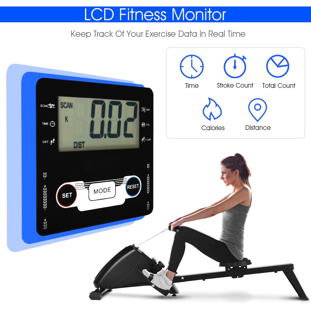 Goplus Magnetic Rowing Machine Foldable Exercise Rower - 10-Level Adjustable Resistance, LCD Monitor & Transport Wheels for Full Body Workout at Home | Perfect for Small Spaces & Home Gym Fitness Training