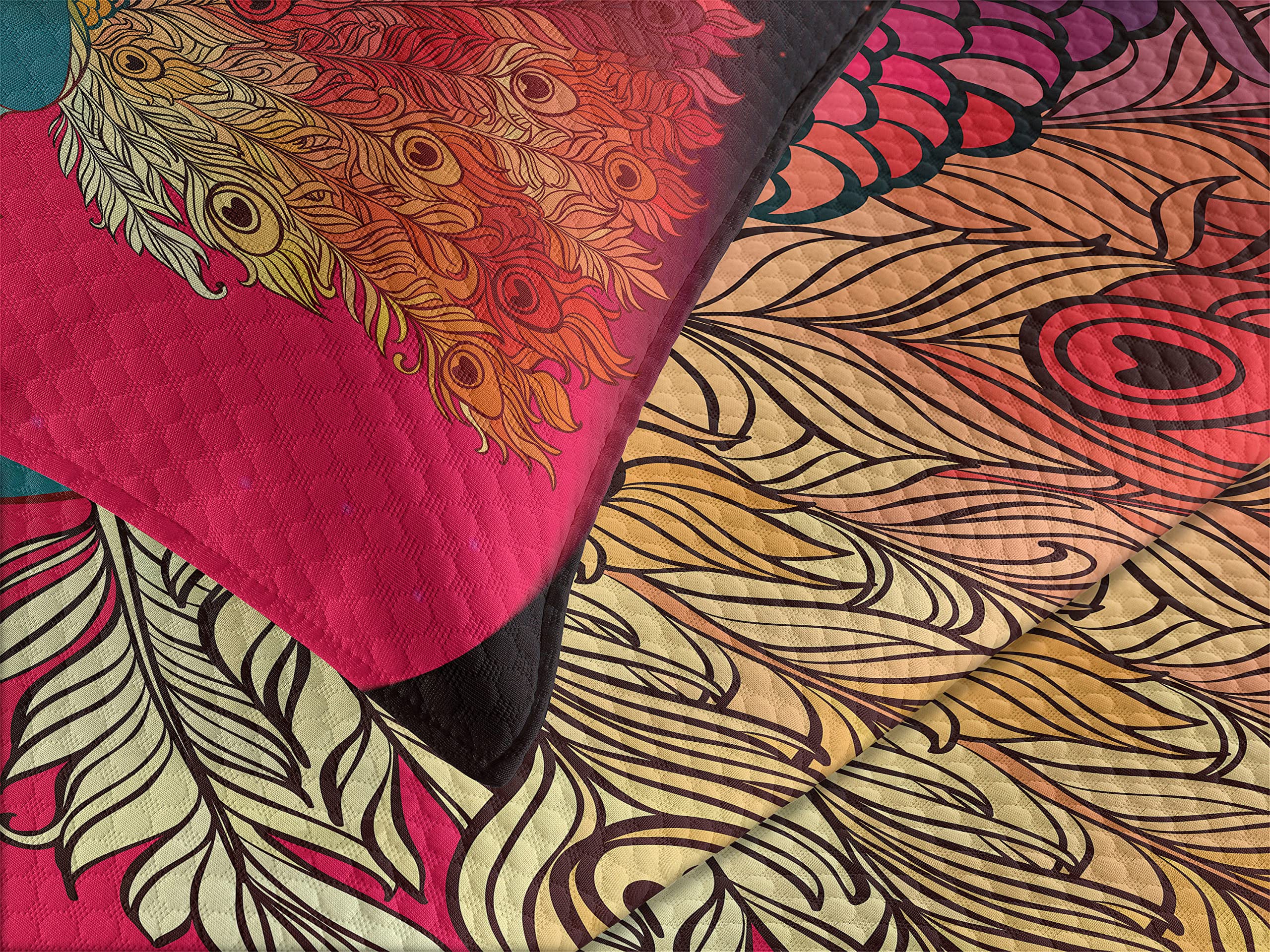 Ambesonne Peacock King Size 3-Piece Bedspread Set with 2 Pillow Shams | Ombre Feather Design, Animal Print Quilted Coverlet in Magenta Teal | Luxury Bedding for Master Bedroom, Guest Room Decor