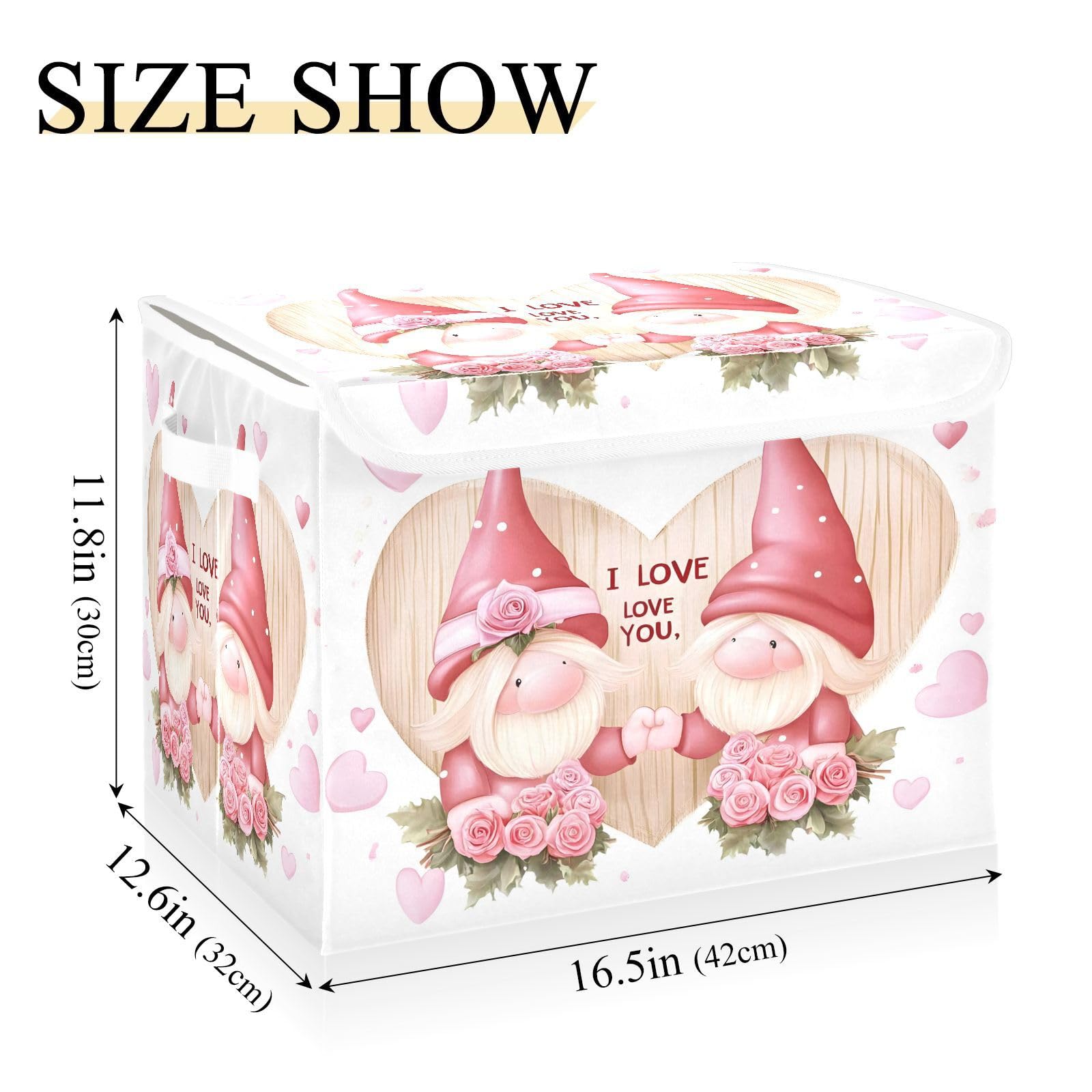 Rose Love Gnome Fabric Foldable Storage Bins with Lids - Collapsible Organizer Containers for Home, Bedroom, Closet & Office - Perfect for Seasonal Decor, Toy Storage & Clothes Organization