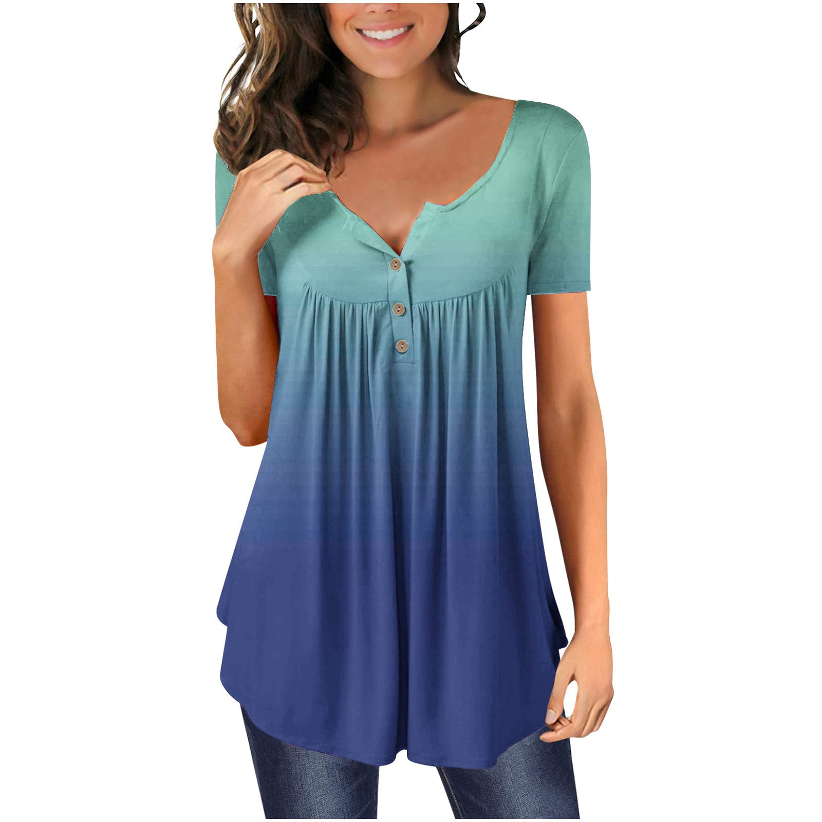 Women's Summer Short Sleeve V-Neck Casual Button Down Ombre Color T-Shirt - Loose Fit Cozy Blouse for Going Out, Beach Wear & Everyday Comfort
