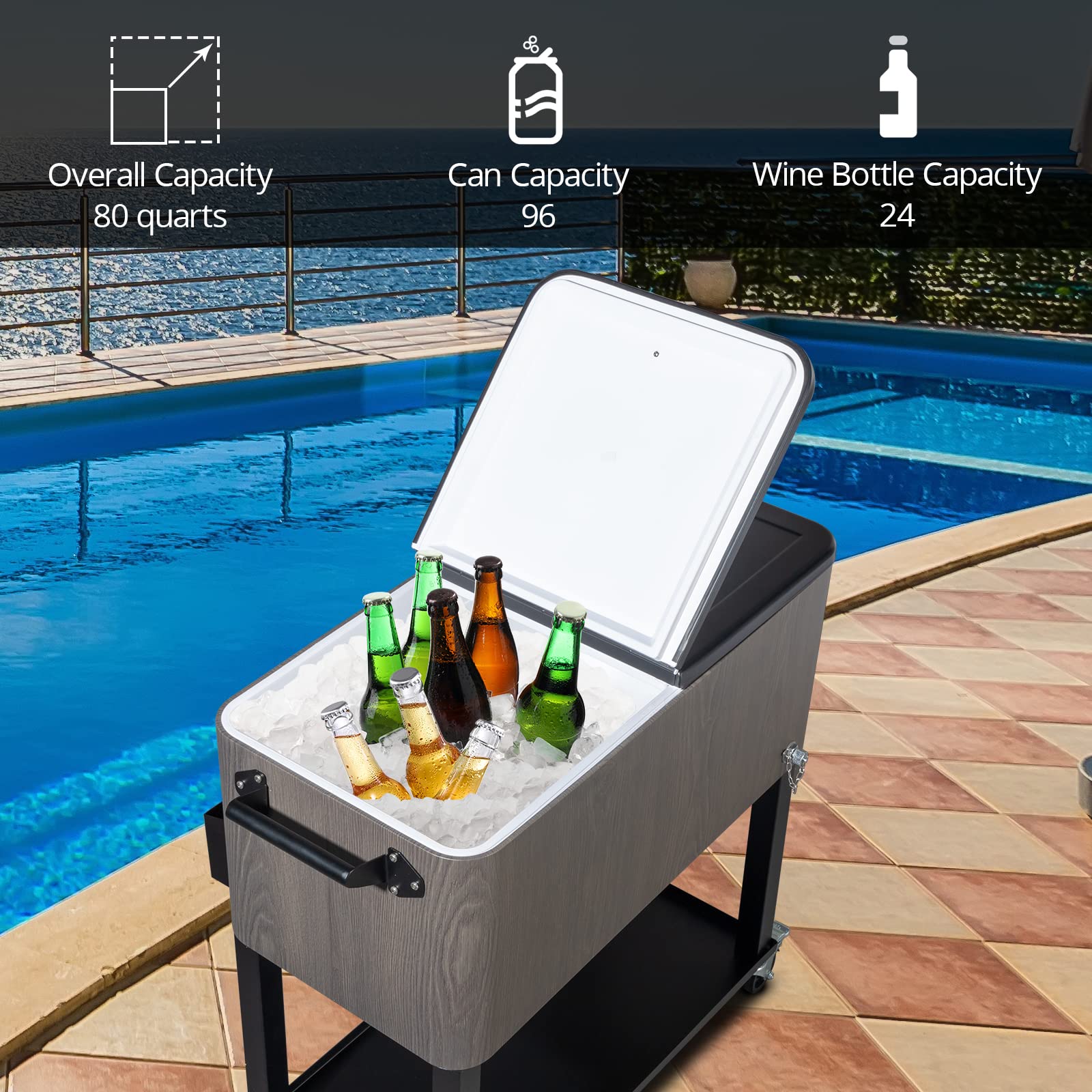 80 QT Rolling Cooler with Wheels & Shelf - Portable Outdoor Ice Chest for Camping, Picnics, Tailgating & Backyard Parties - Heavy Duty Drink Cooler Cart for Patio, Beach & BBQ