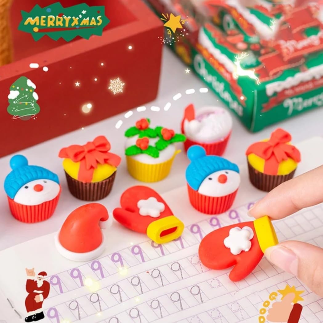 Festive Holiday Decorative Buckets - Christmas Gift Set for Kids & Adults, Santa Claus & Reindeer Themed, Includes 6 Christmas Pens & Erasers - Perfect for Stocking Stuffers, Party Favors, and Classroom Gifts