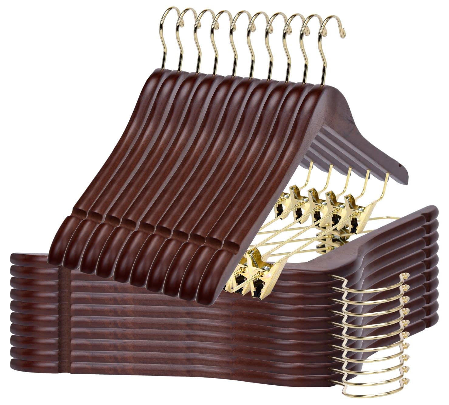 Premium 80-Pack Wooden Skirt & Pants Hangers with Adjustable Gold Metal Clips - Swivel Hook for Coats, Jackets, Blouses & Suits - Durable Walnut Finish - Space-Saving Closet Organization Solution for Retail Stores & Boutiques