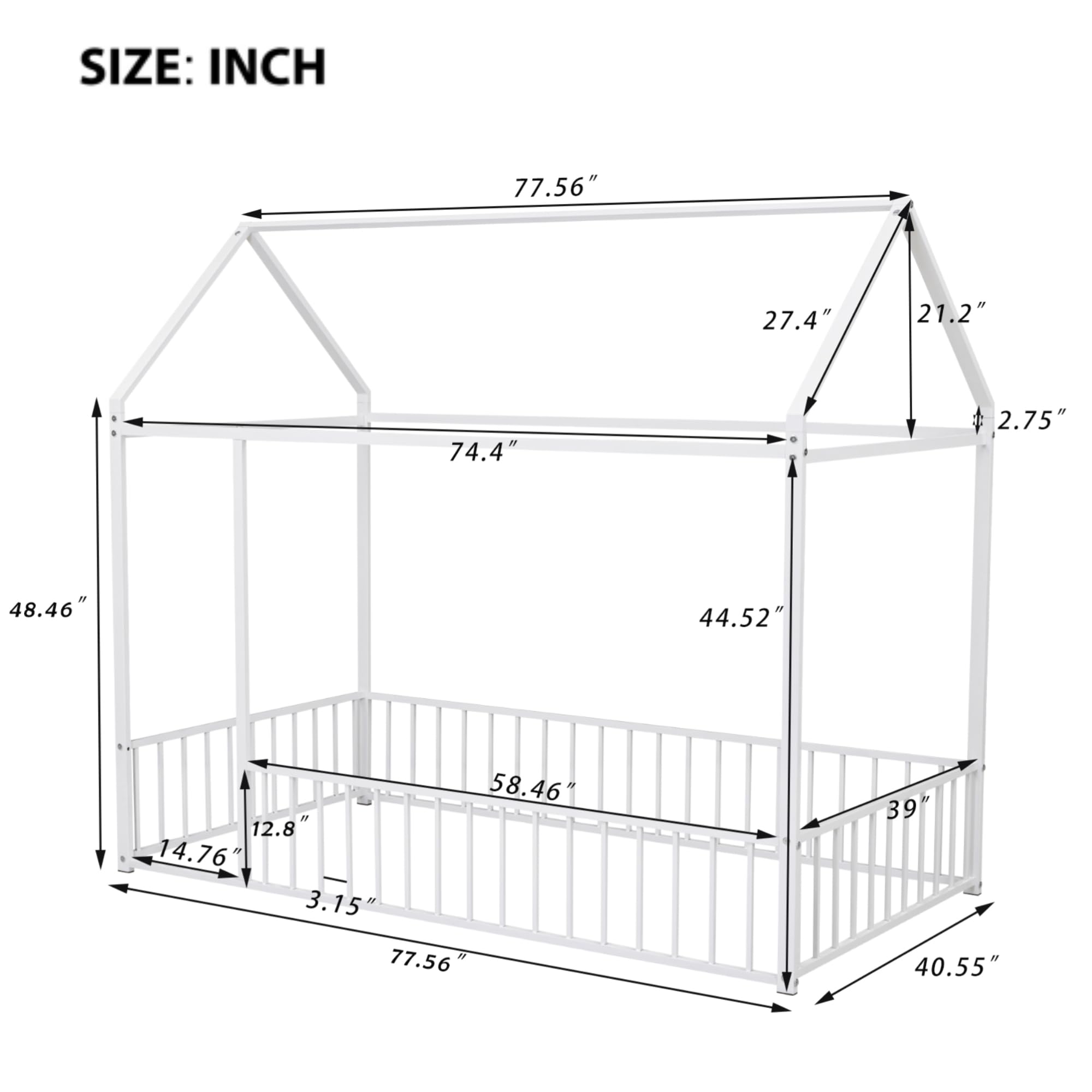 Montessori Twin Size Floor Bed for Kids - White Metal House Bed Frame with Safety Fence | Playhouse Design for Toddlers & Children | Perfect for Bedrooms, Playrooms & Montessori Learning Spaces